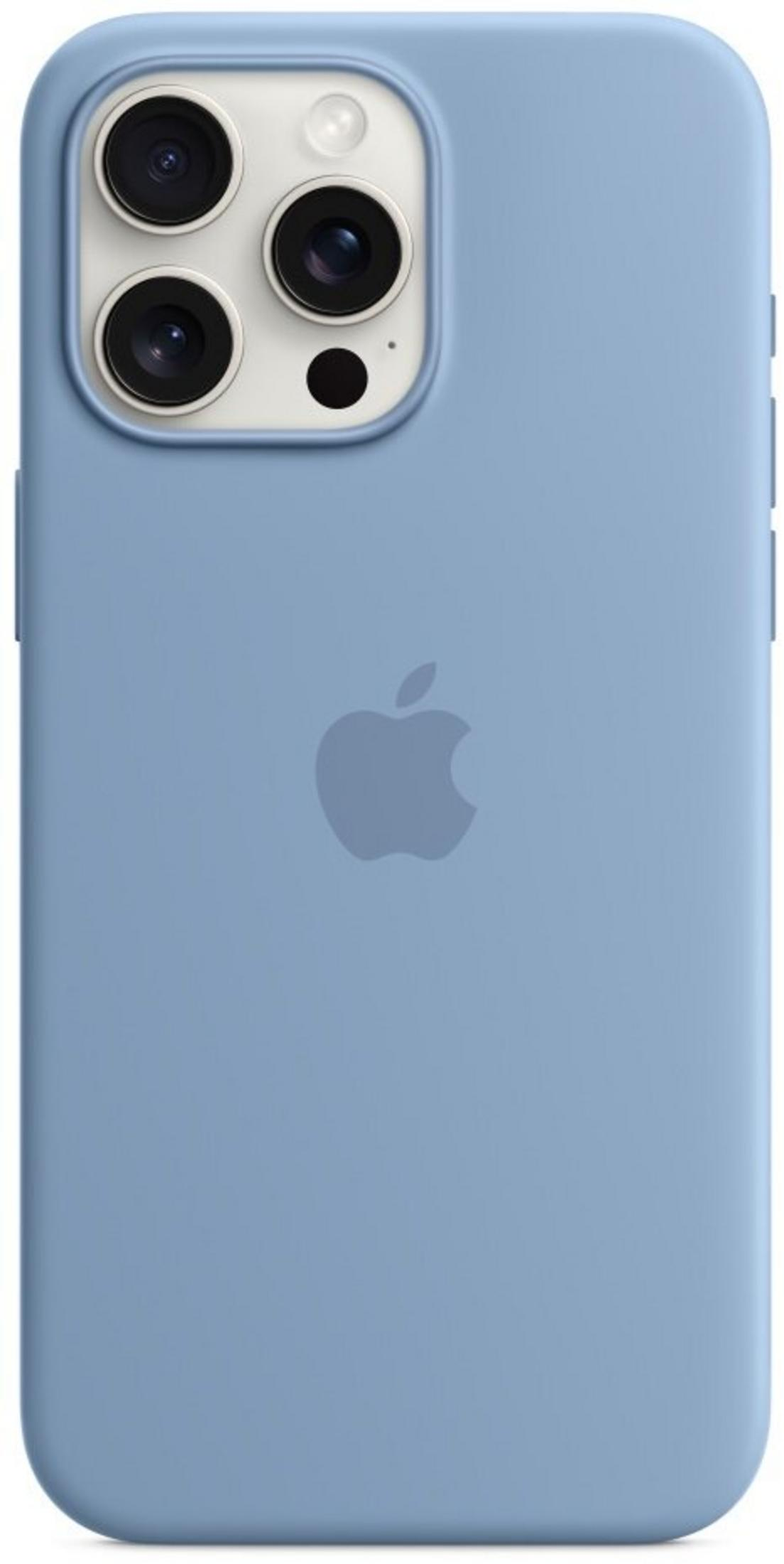 Blaue iPhone-Hülle mit Apple-Logo und Dreifachkamerasystem.