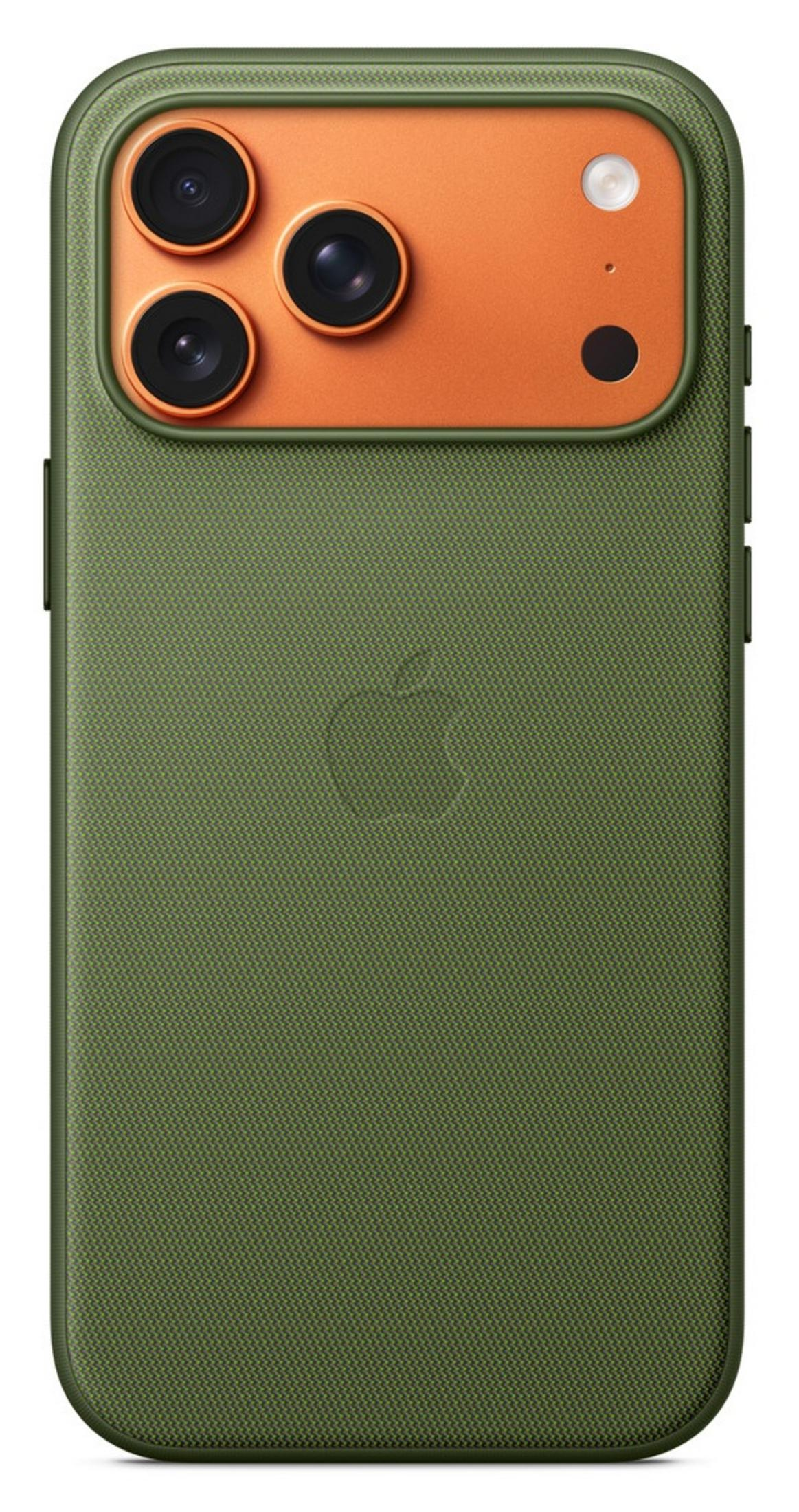 Una funda verde para iPhone con un módulo de cámara naranja y tres lentes.