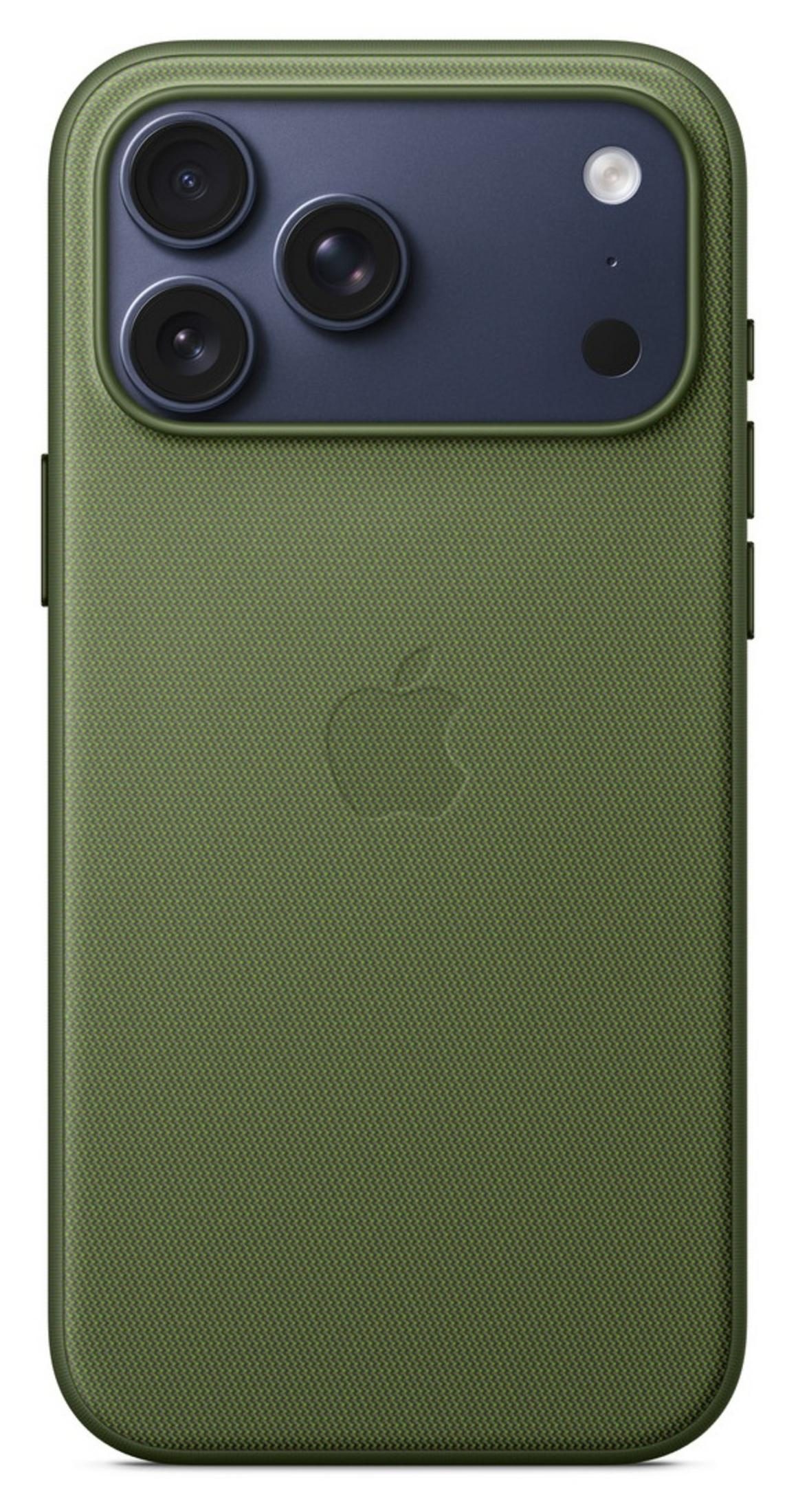 Funda verde para iPhone con módulo de triple cámara y logo de Apple.