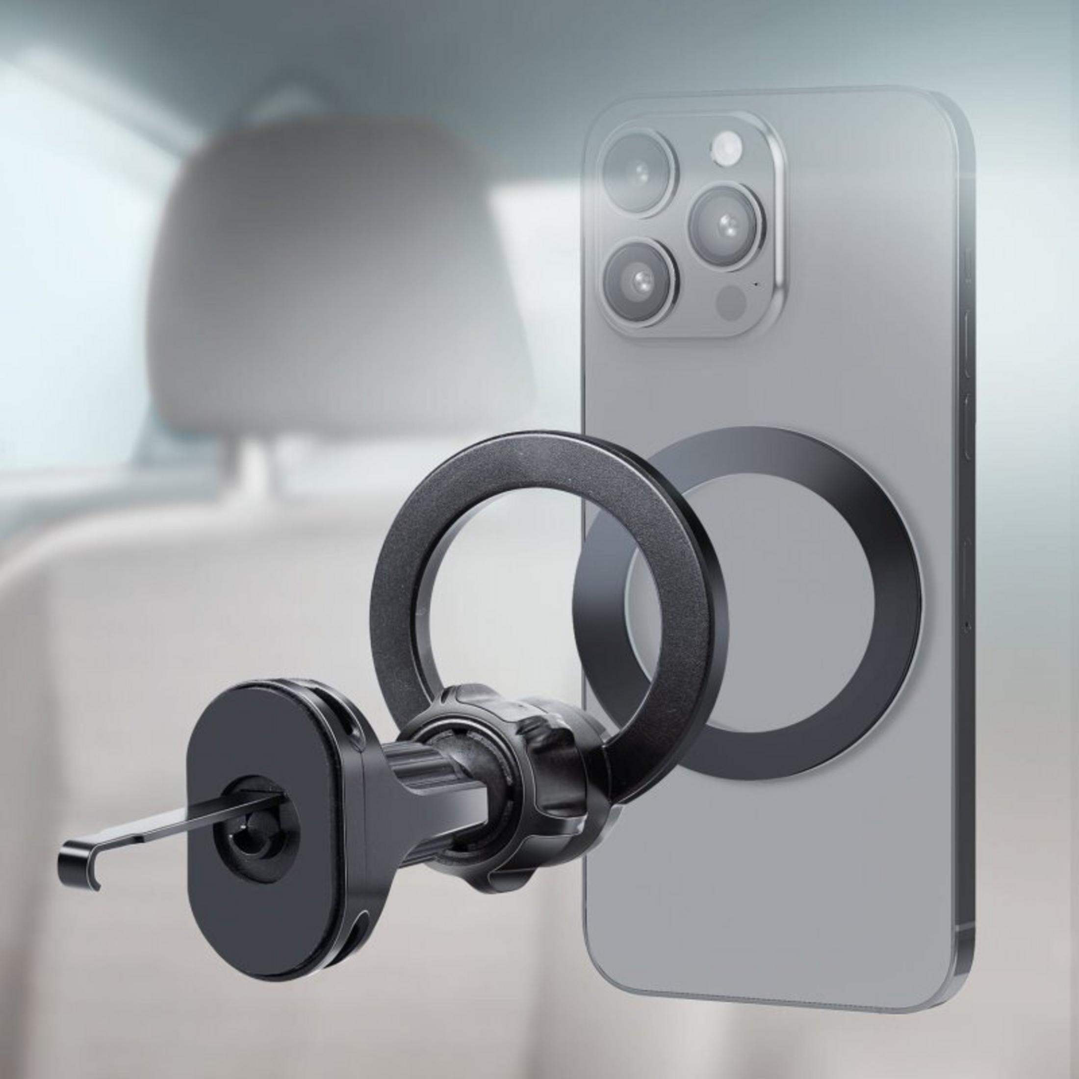 Supporto per auto nero con base magnetica circolare attaccato a un telefono argentato.