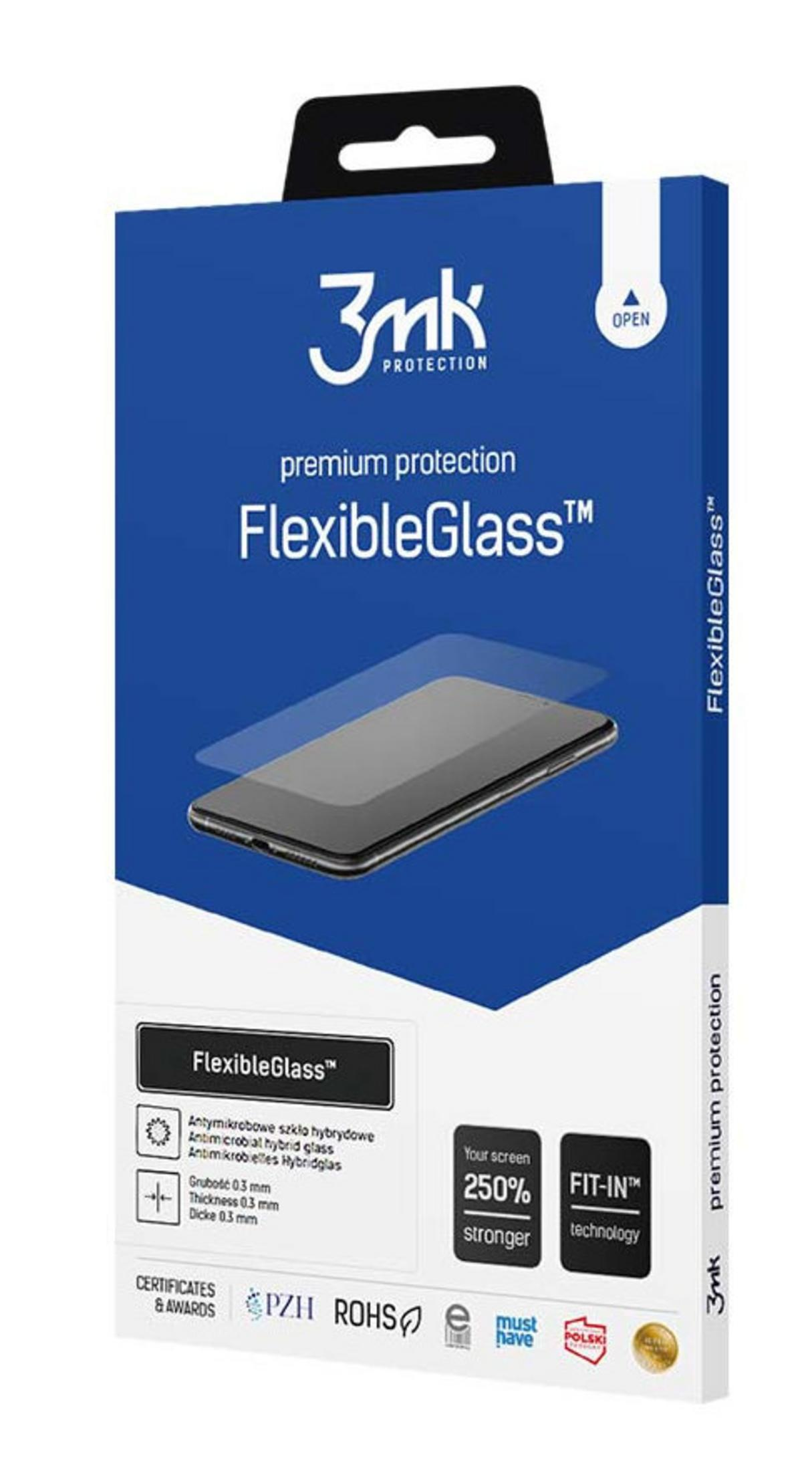 Confezione protettiva per schermo 3mk FlexibleGlass con immagine smartphone e caratteristiche.