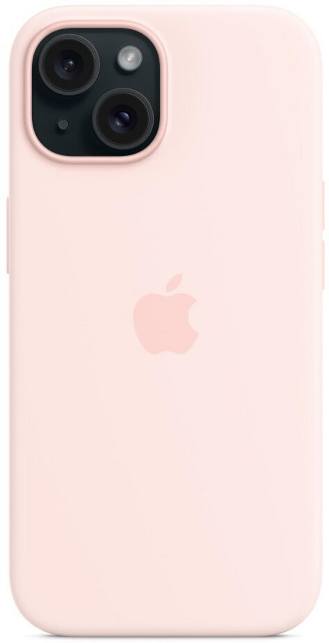 A light pink iPhone with an Apple logo and camera module on the back.
