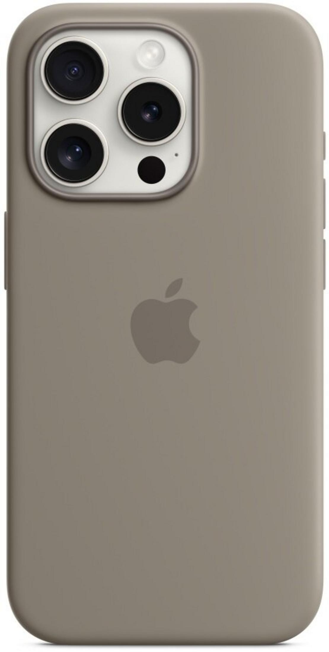 Una custodia per iPhone color tortora con tripla fotocamera e logo Apple.
