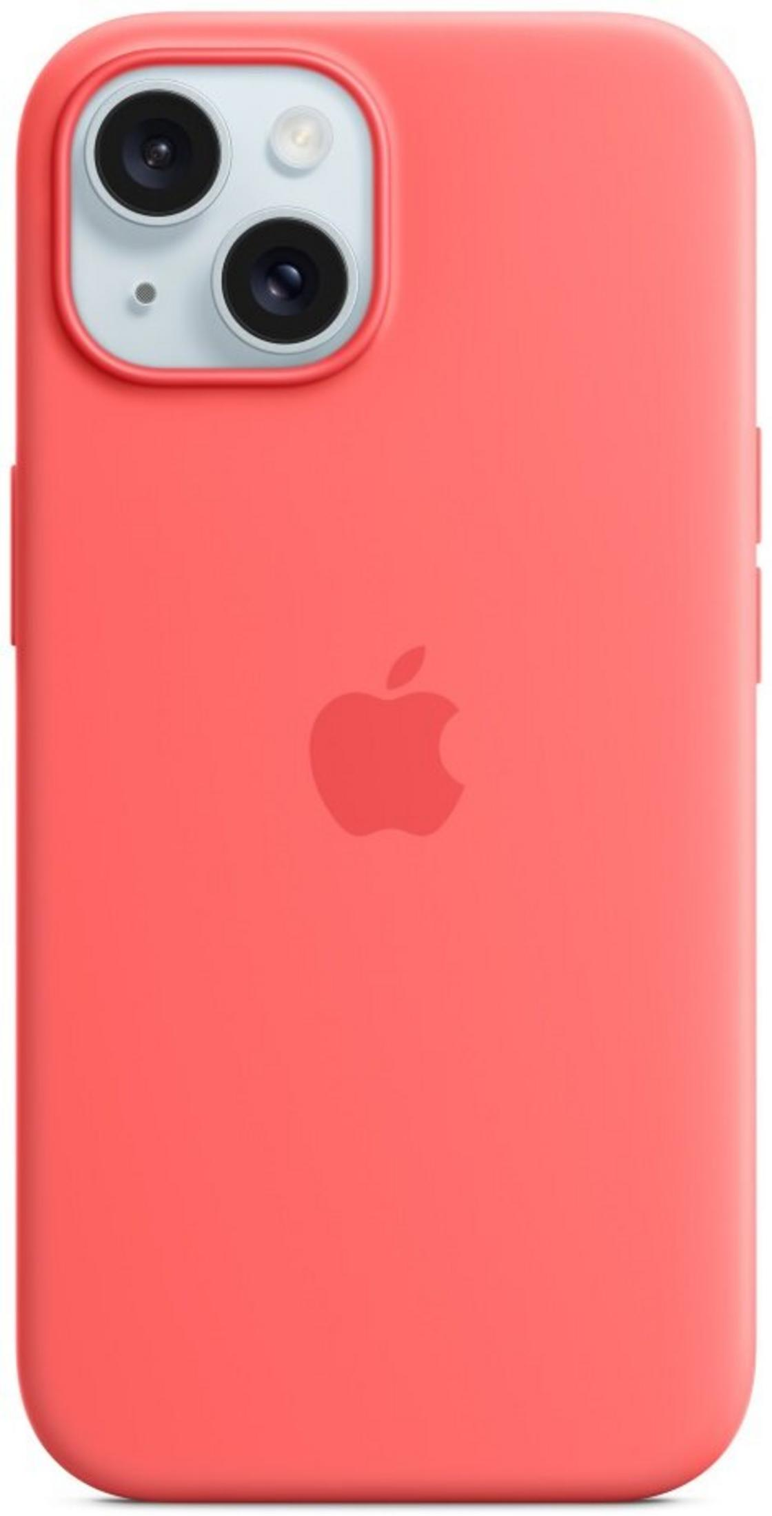 Koralowoczerwone etui na iPhone z logo Apple i dwoma obiektywami.