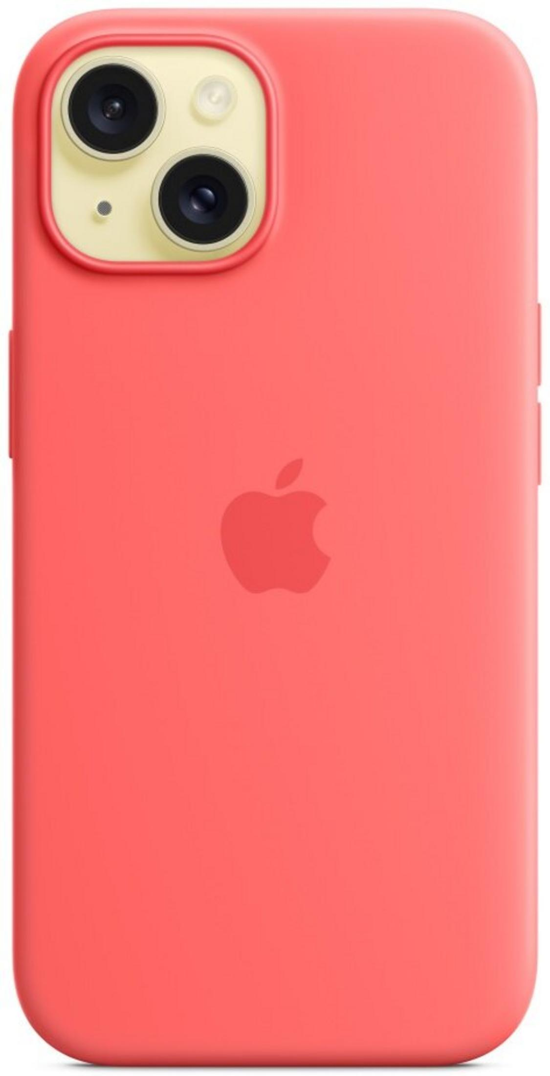 Koralowe silikonowe etui na iPhone z logo Apple i wycięciem na podwójny aparat.