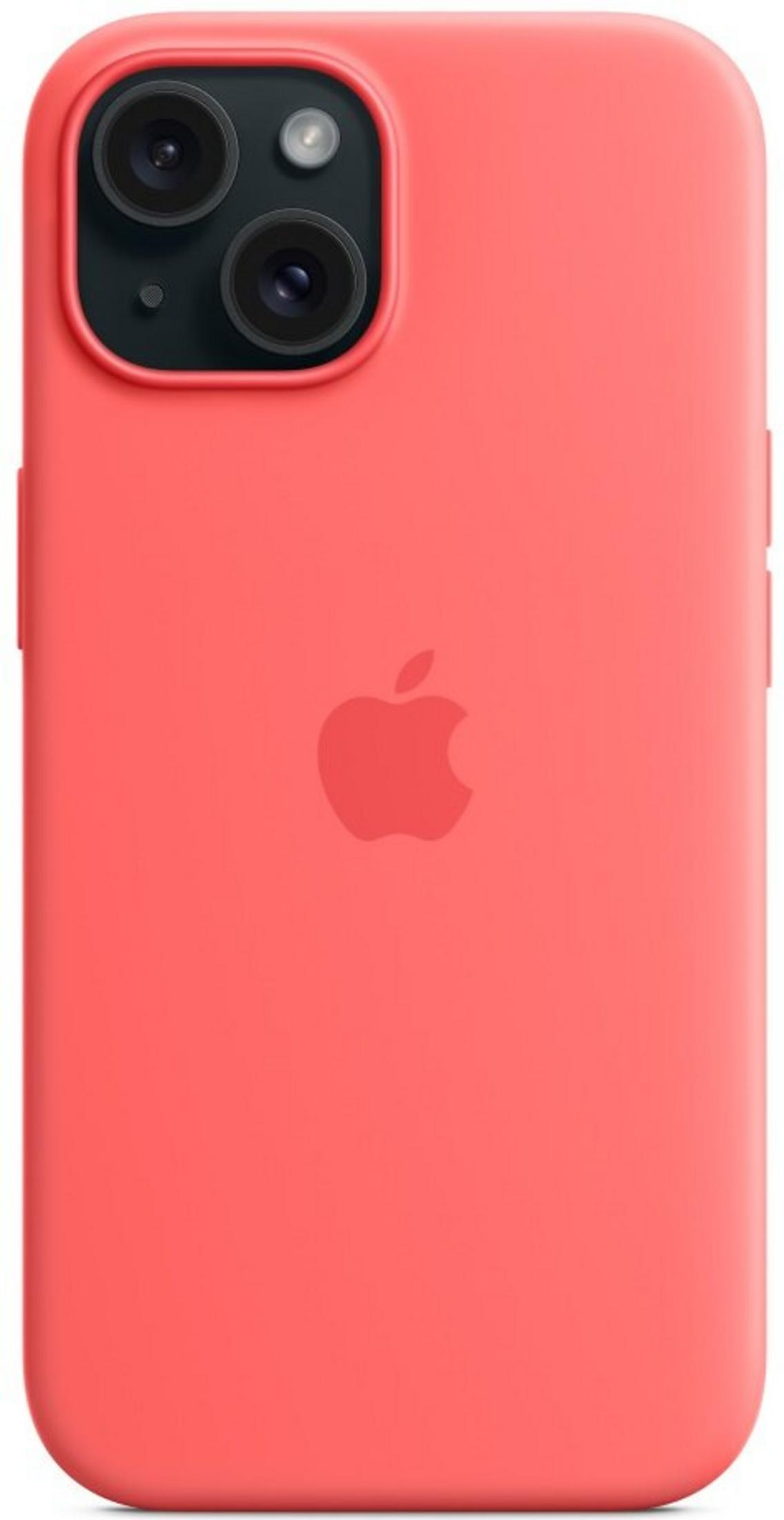 Koralowo-czerwony iPhone z podwójnym aparatem i logo Apple.