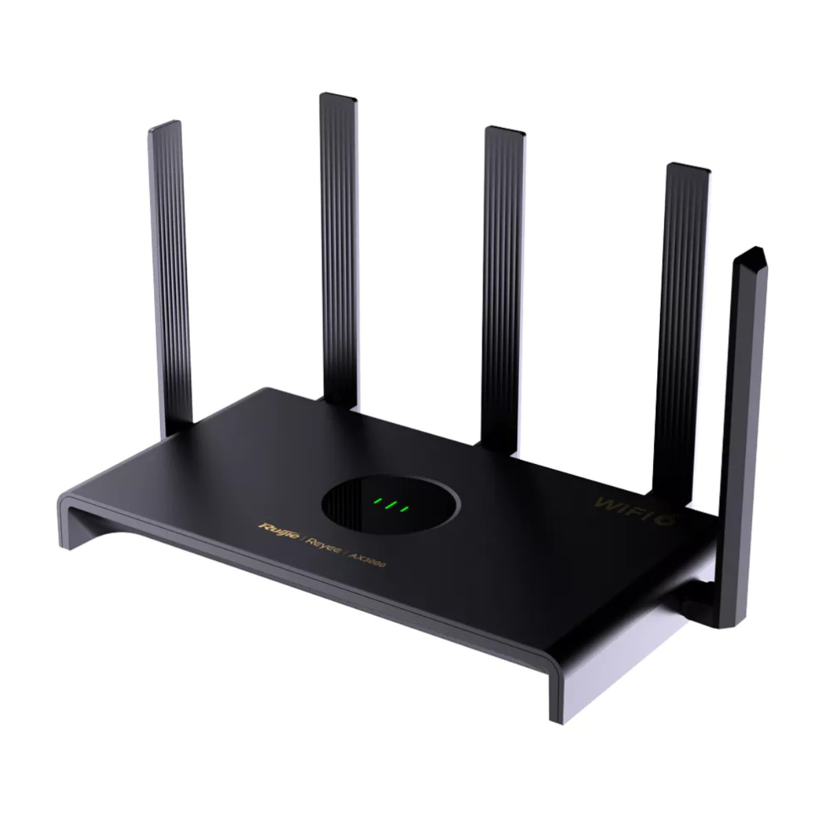 Ein schwarzer WLAN-Router mit fünf Antennen und grünen Lämpchen auf weißem Grund.