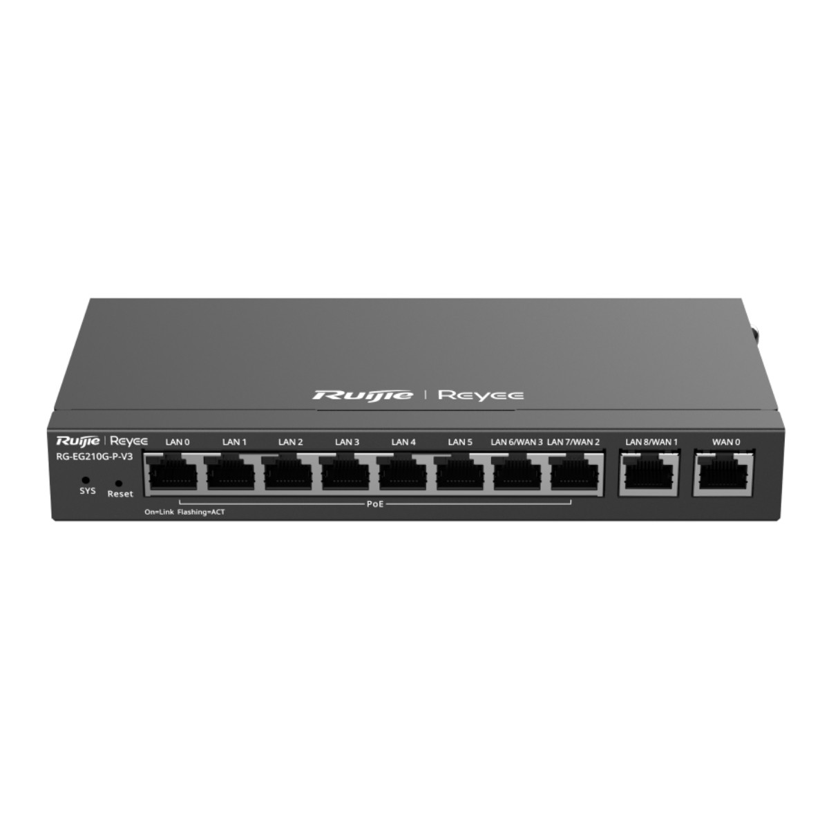Uno switch di rete Ruijie Reyee RG-EG210G-P-V3 grigio con diverse porte LAN/WAN.