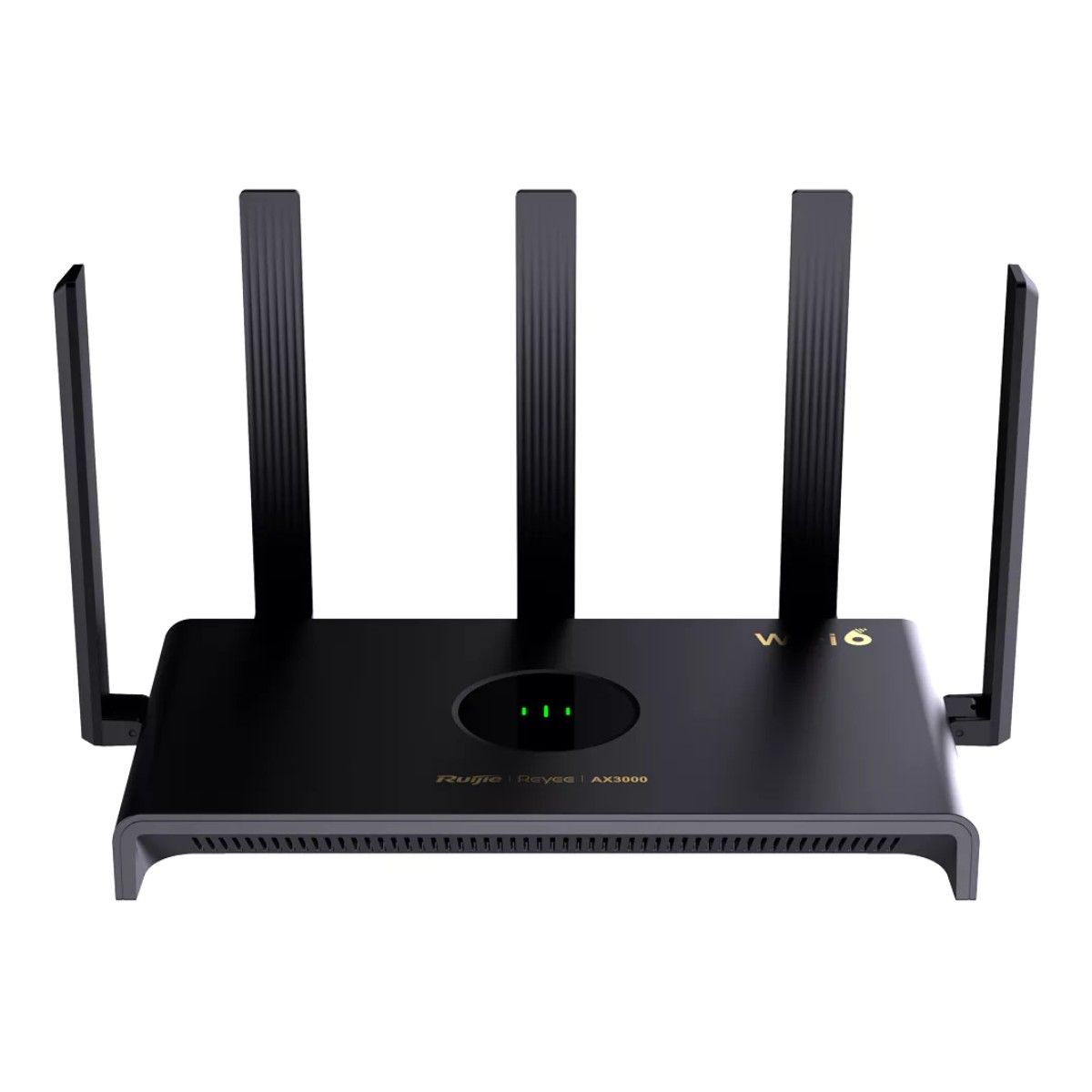 Ein schwarzer WLAN-Router mit vier Antennen und grünen LEDs.