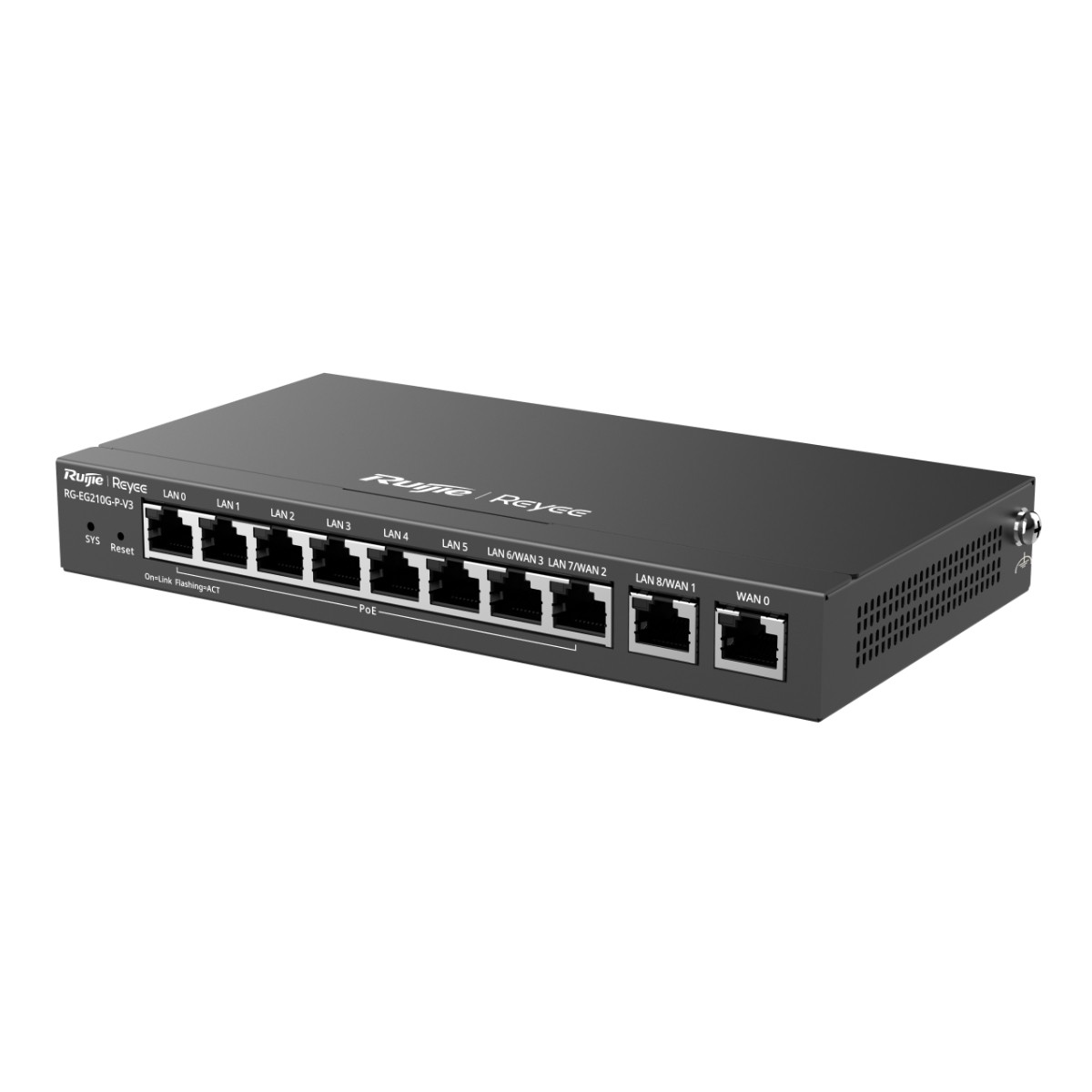 Router Reyee RG-EG210G-P-V3 nero con 9 porte Ethernet etichettate LAN 0 a 8/WAN 1 e WAN 0.