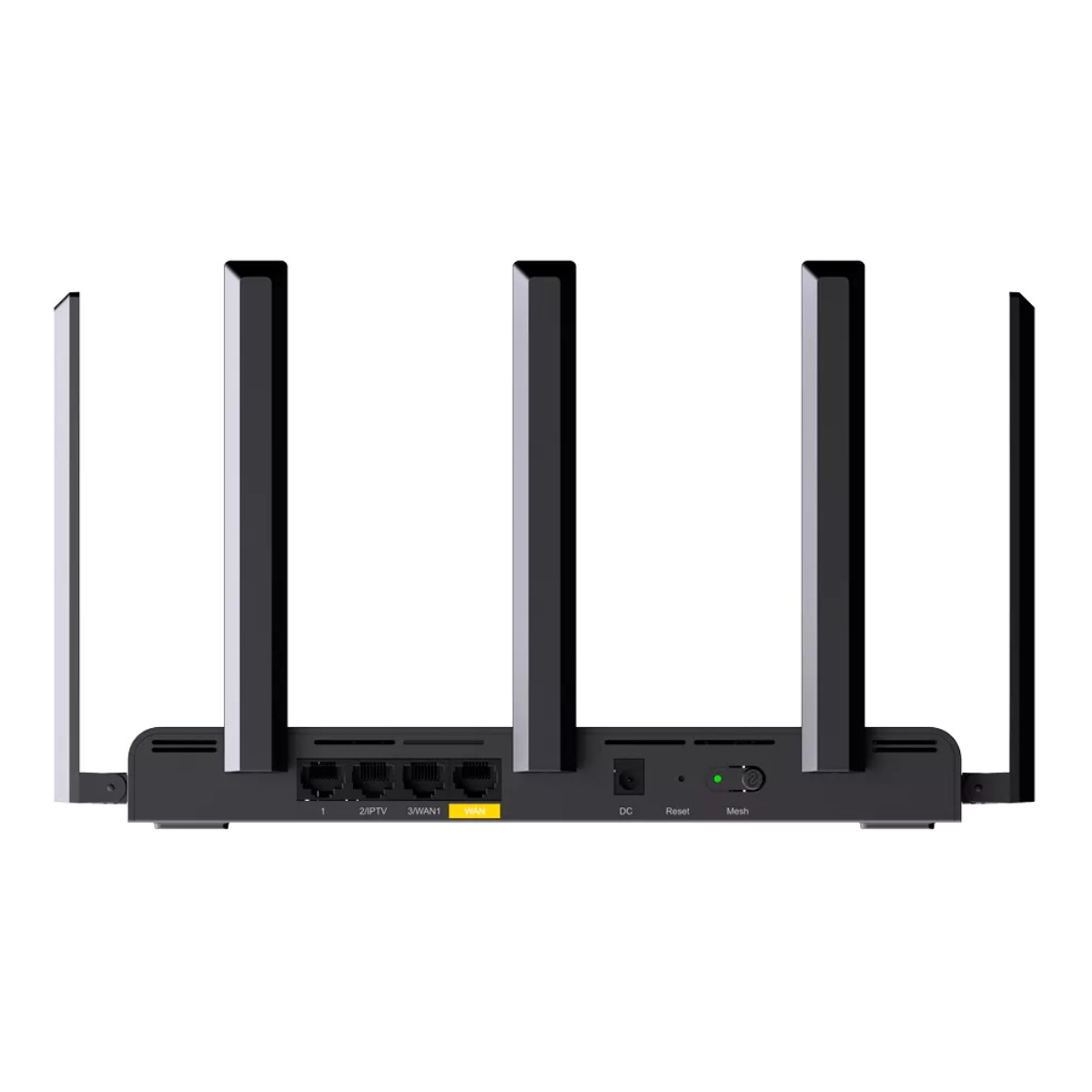 Schwarzer Router mit fünf Antennen. Anschlüsse beschriftet 1, 2/IPTV, 3/WAN1, WAN. Auch DC, Reset, Mesh-Tasten.