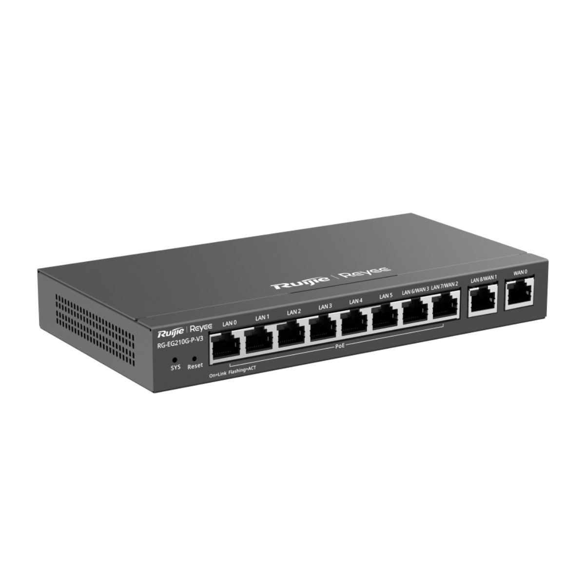 Un router Ruijie Reyee RG-EG210G-P-V3 nero con più porte LAN e WAN.
