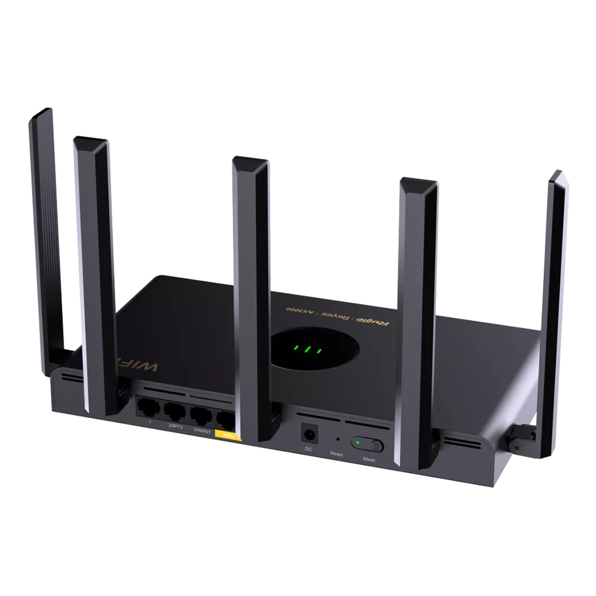 Ein schwarzer WLAN-Router mit vier Antennen und mehreren Anschlüssen an der Vorderseite.