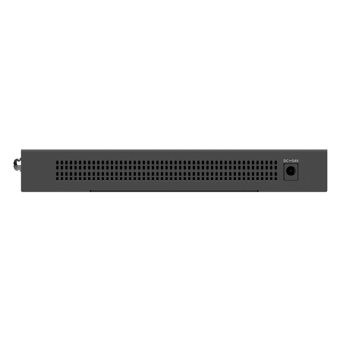 Uno switch di rete nero con fori di ventilazione e ingresso alimentazione 54V CC.