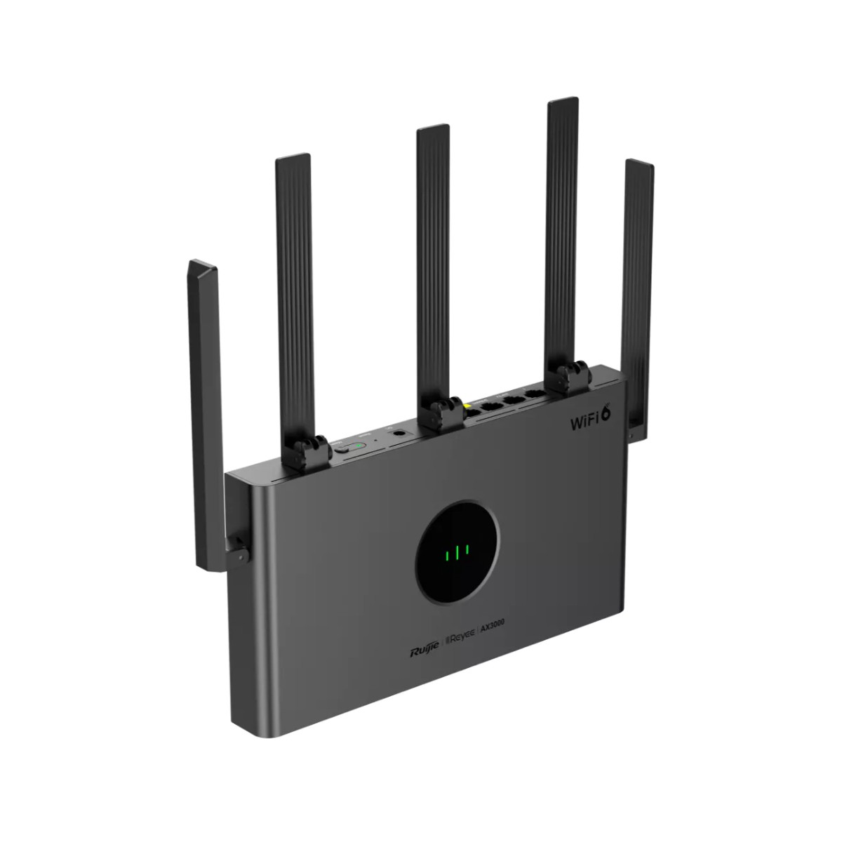 Ein schwarzer WiFi 6 Router mit vier Antennen und einer runden grünen Kontrollleuchte.