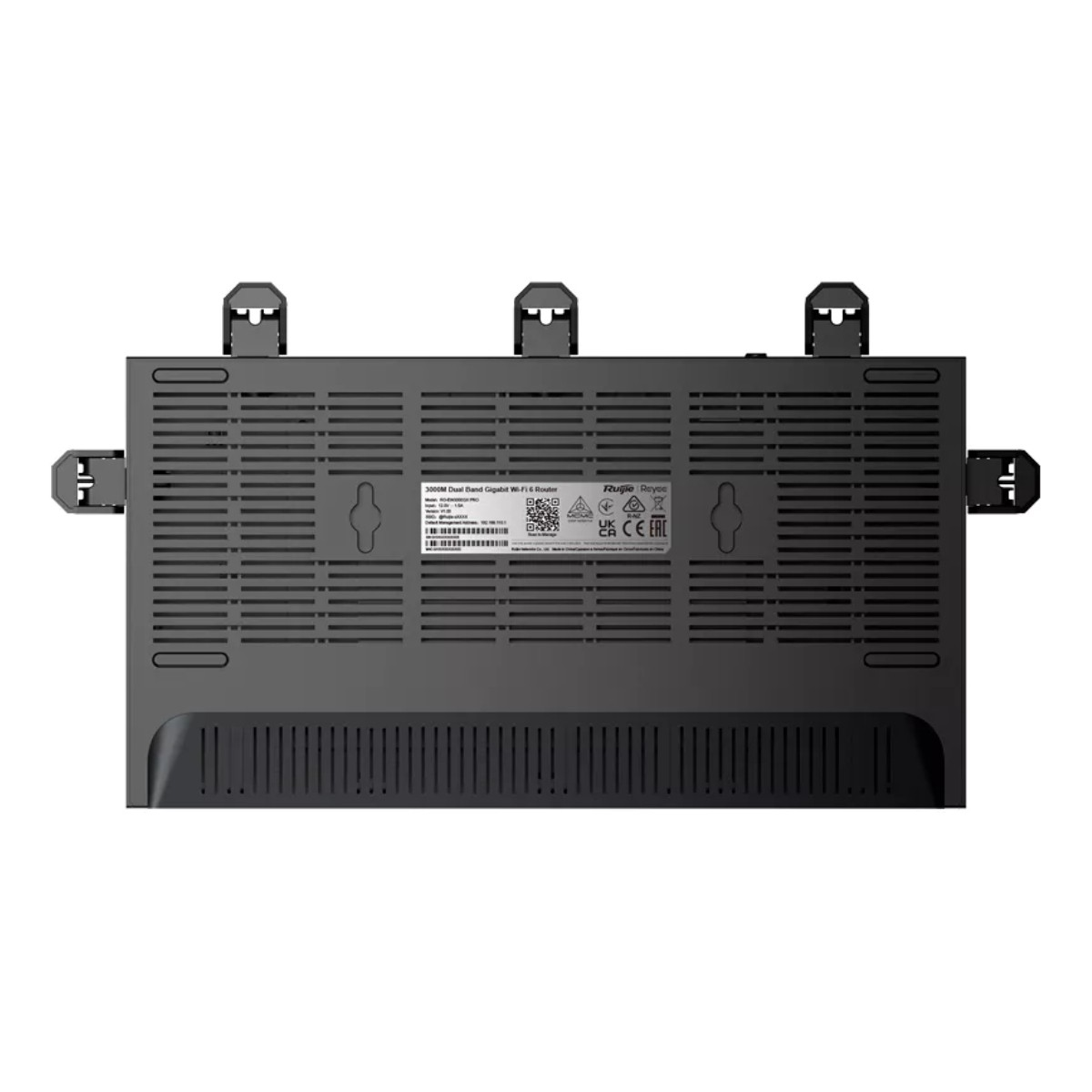 Rückansicht eines schwarzen Routers mit Lüftungsschlitzen und Etiketten. Drei externe Antennen sind sichtbar.