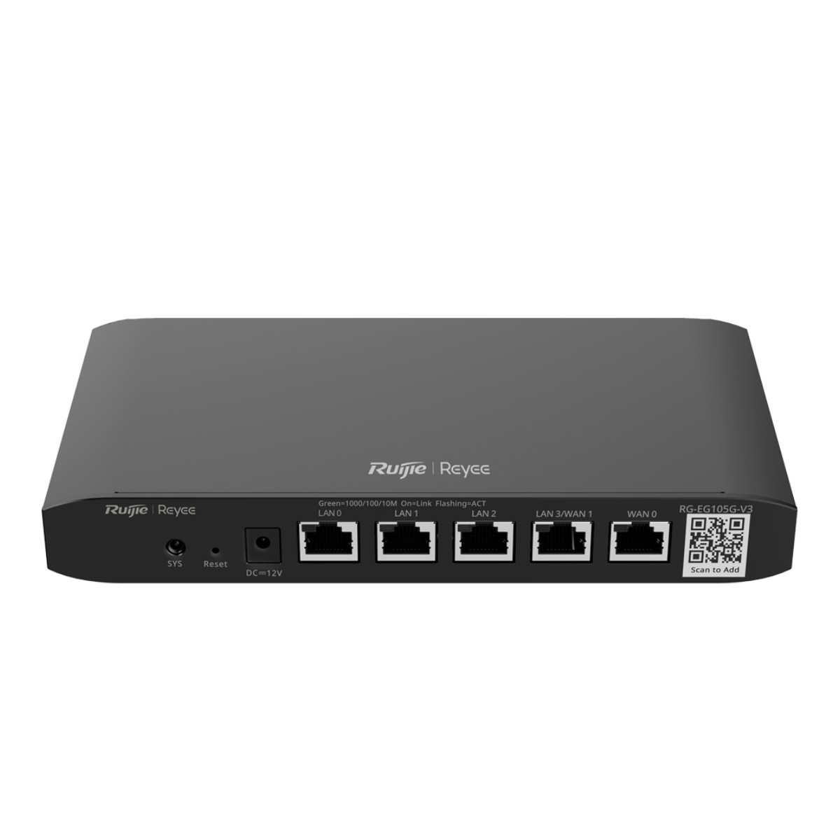 Grauer Ruijie Reyee Router mit LAN-, WAN-Ports und QR-Code.