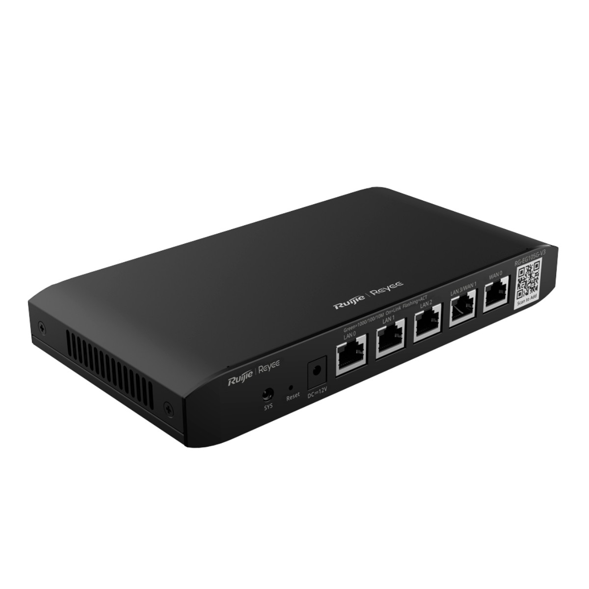 Schwarzer Ruijie Reyee RG-EG105G-V3 Router mit 5 Ethernet-Ports, Reset und Stromeingang.