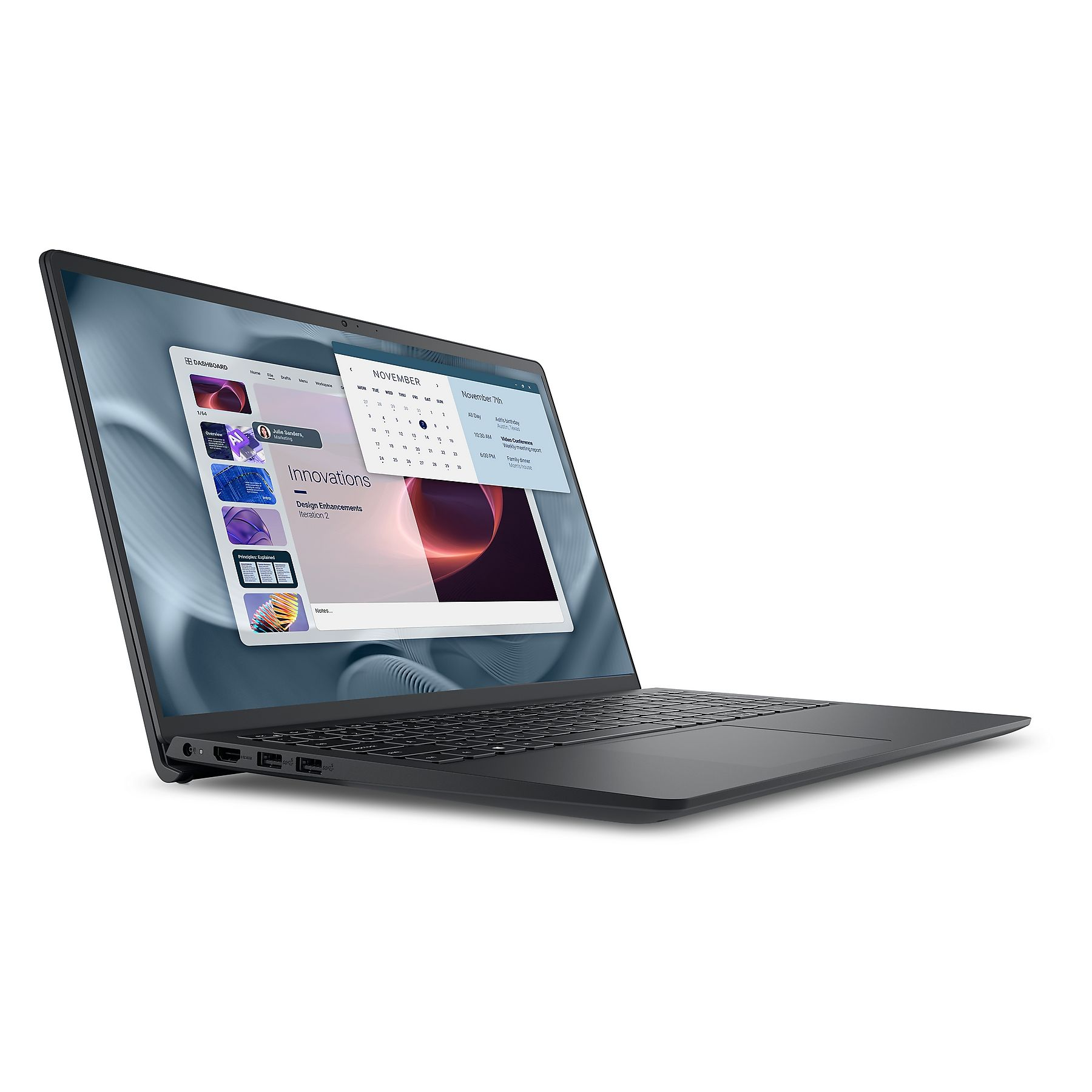 Un laptop grigio scuro mostra una dashboard con un calendario di novembre e dettagli del progetto.