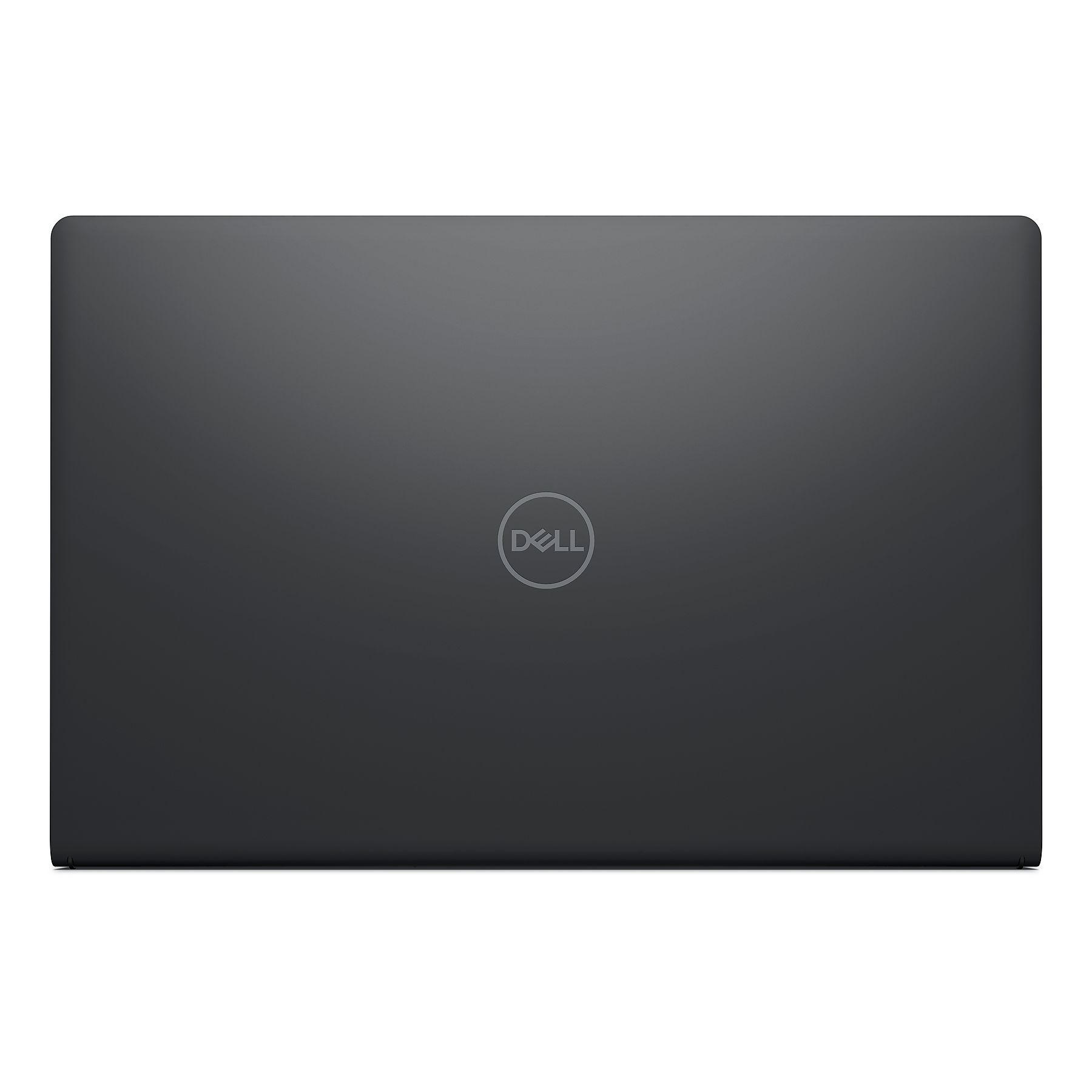 Laptop Dell nero chiuso con logo al centro su sfondo bianco.