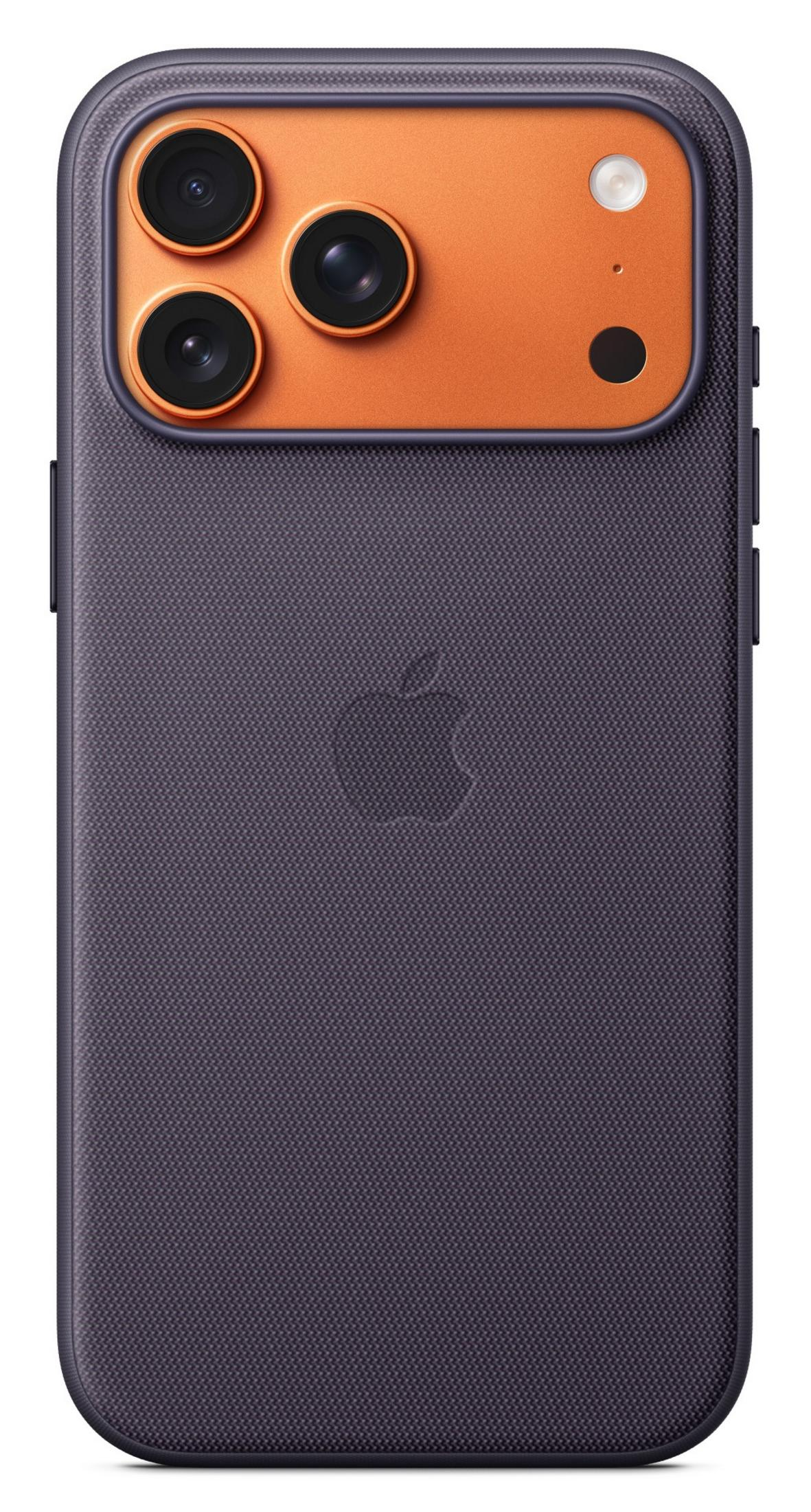 Custodia iPhone grigio scuro finitura testurizzata e modulo fotocamera arancione.