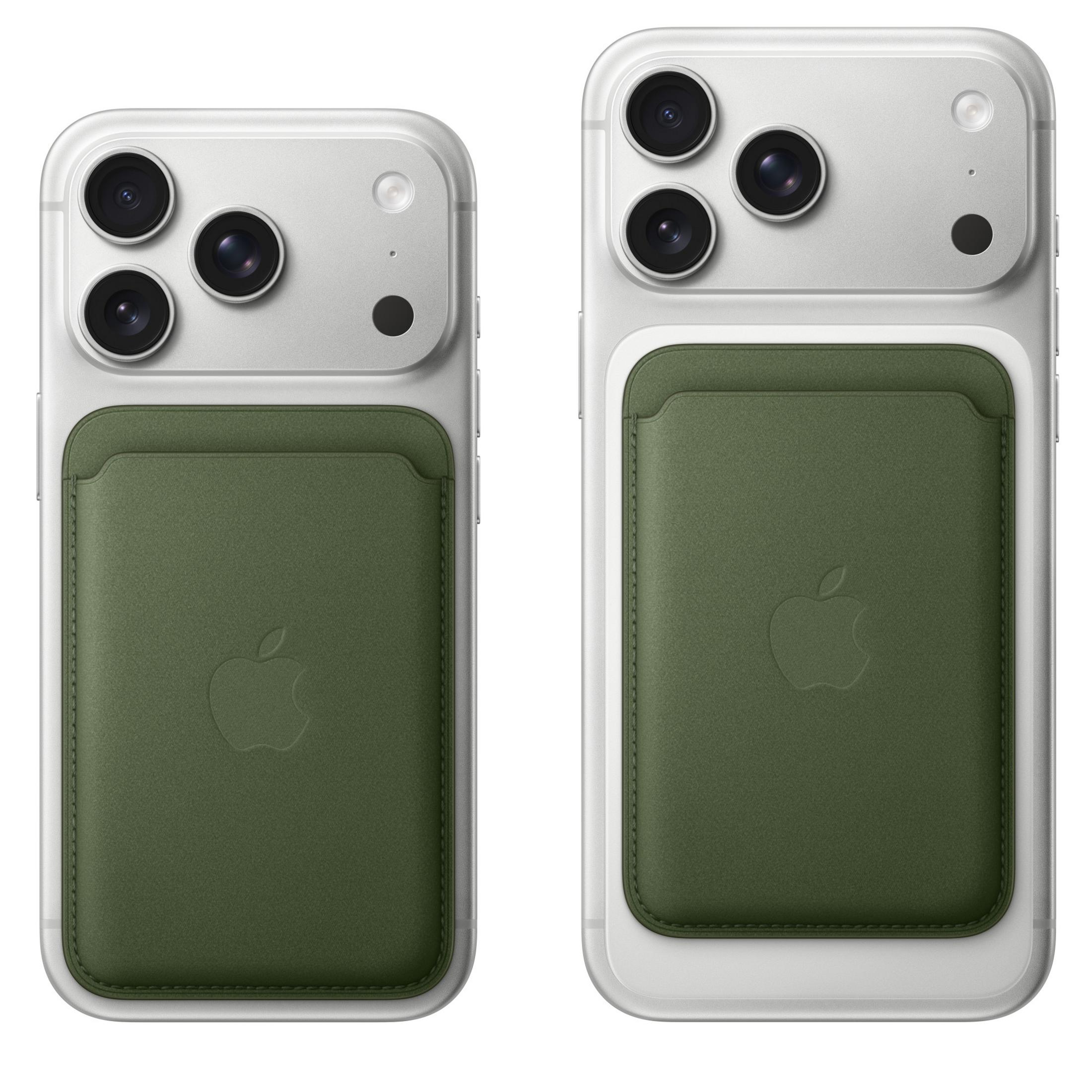 Dos iPhones con cartera verde MagSafe y módulo de cámara sobre fondo blanco.