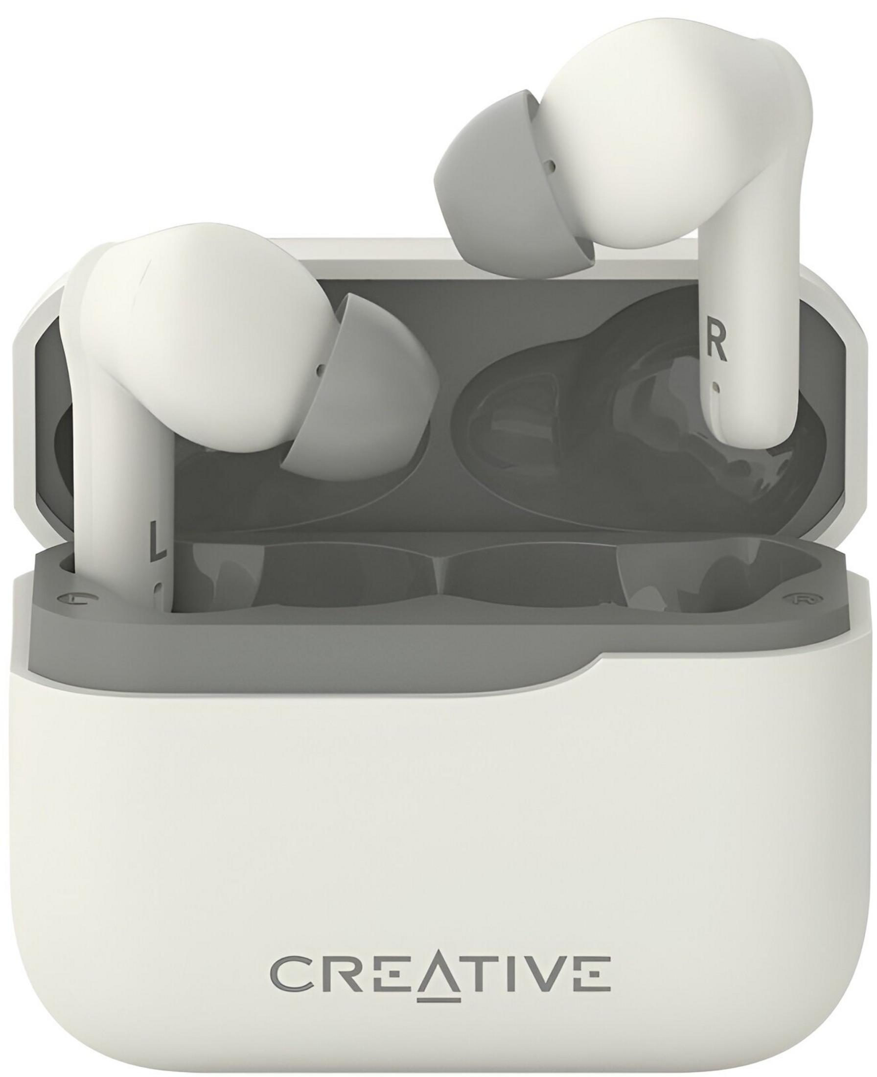 Auricolari wireless bianchi e custodia di ricarica con logo Creative.