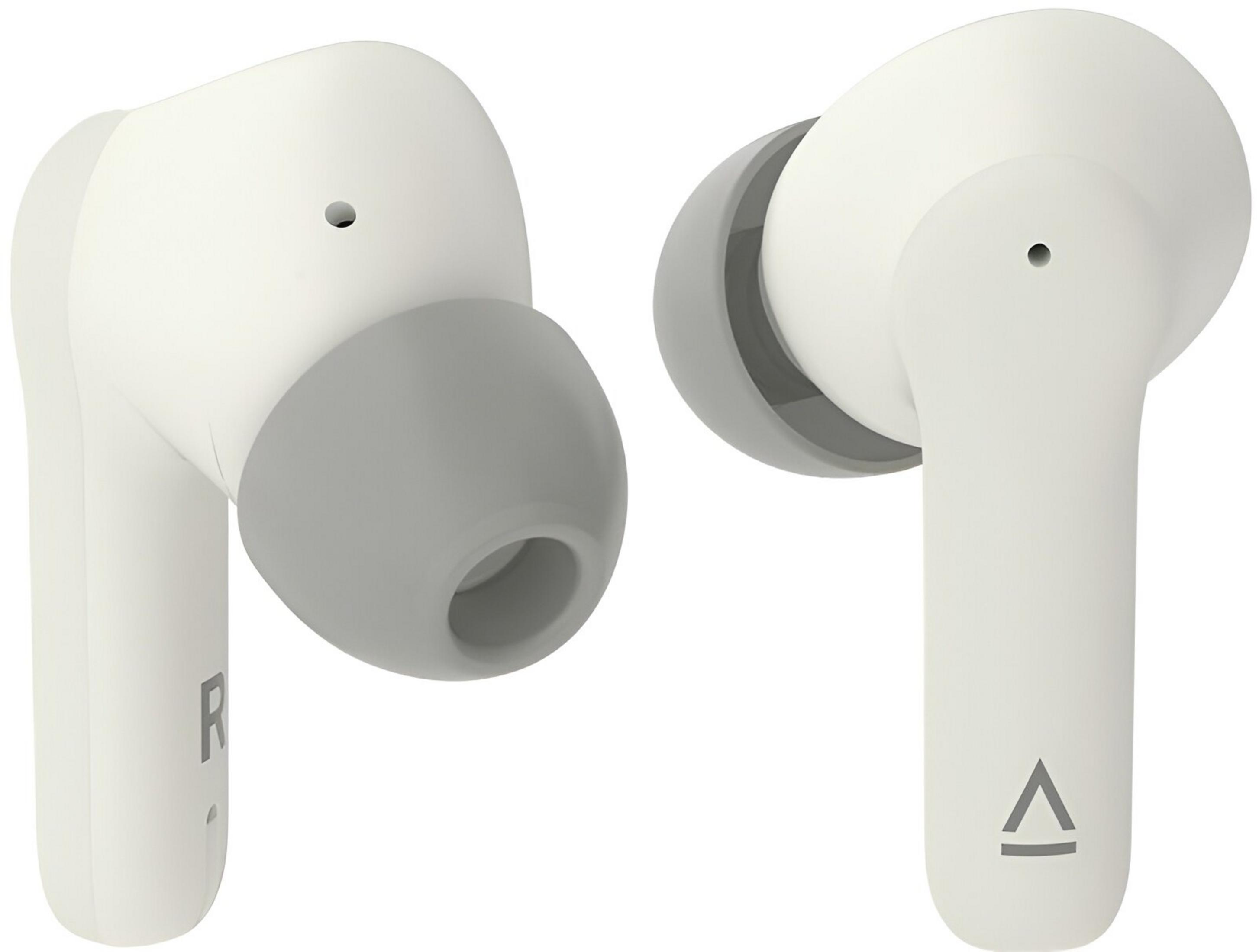 Due auricolari wireless bianchi con gommini grigi. L'auricolare sinistro mostra 'R'.