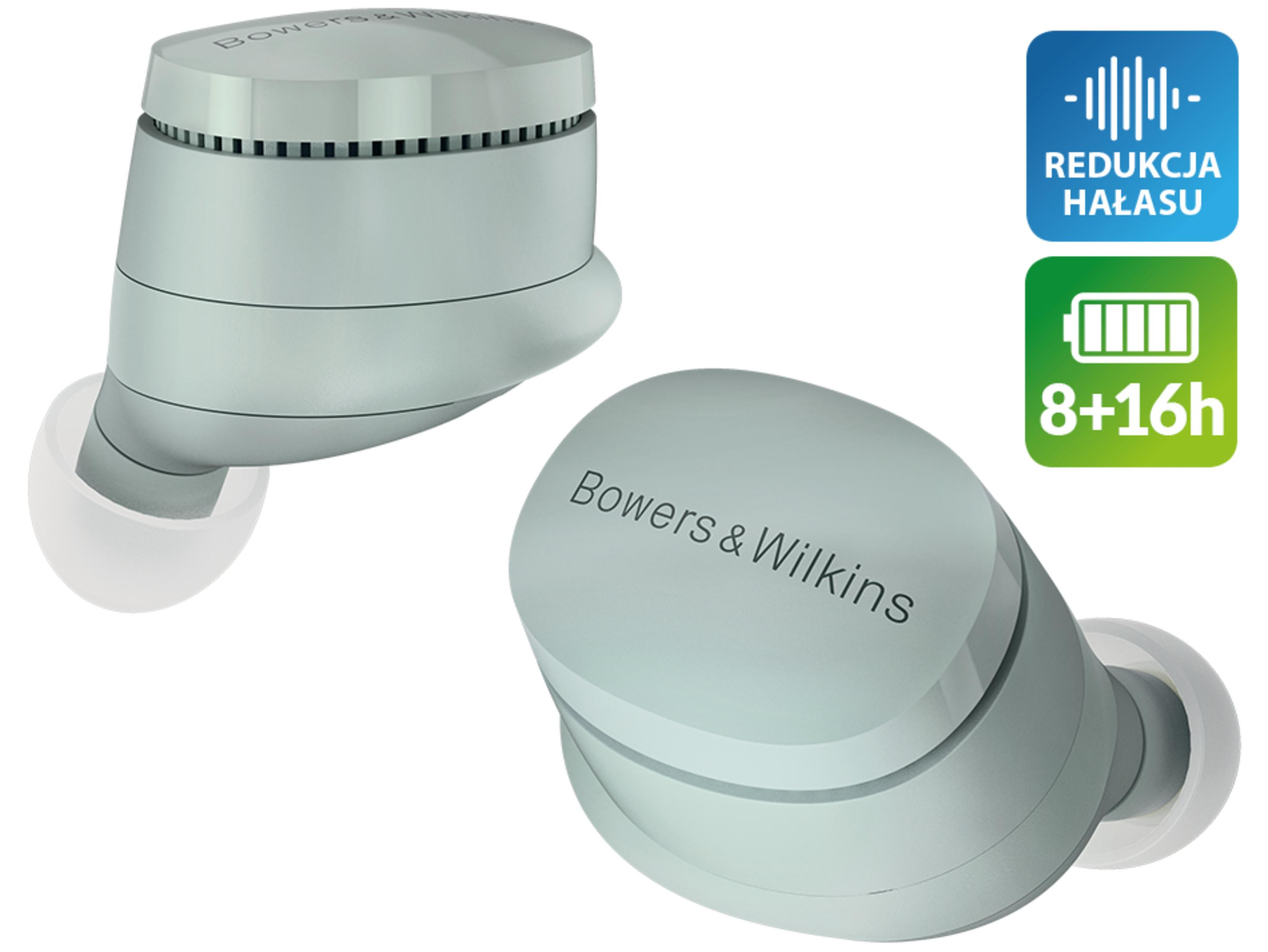 Zwei hellgrüne Bowers & Wilkins Ohrhörer mit Geräuschreduzierung und 8+16h Akku-Symbolen.