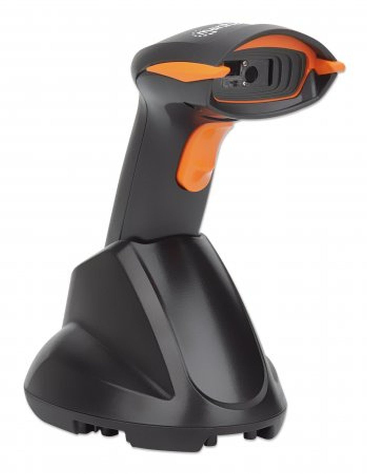 Ein schwarz-oranger Barcode-Scanner ruht auf seiner Ladestation vor weißem Hintergrund.