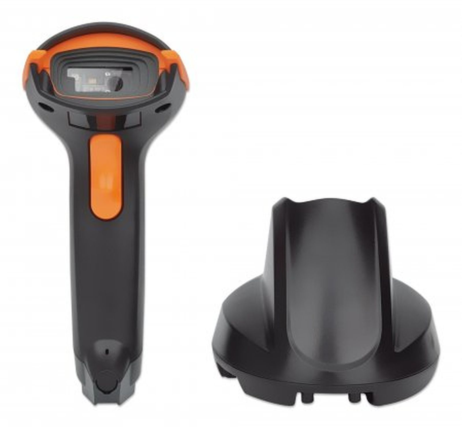 Ein schwarz-oranger Barcode-Scanner und seine schwarze Ladestation stehen auf einer weißen Oberfläche.