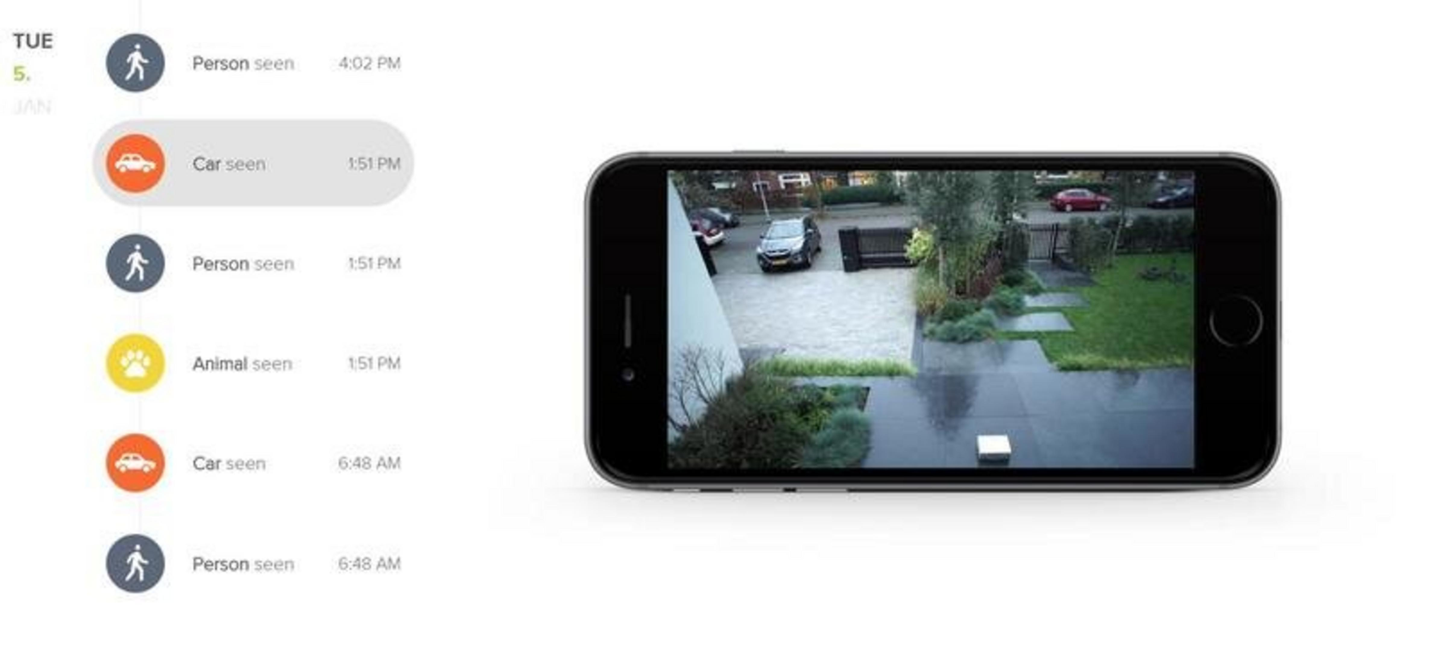 La línea de tiempo muestra detecciones de personas, autos y animales. El teléfono muestra una entrada.