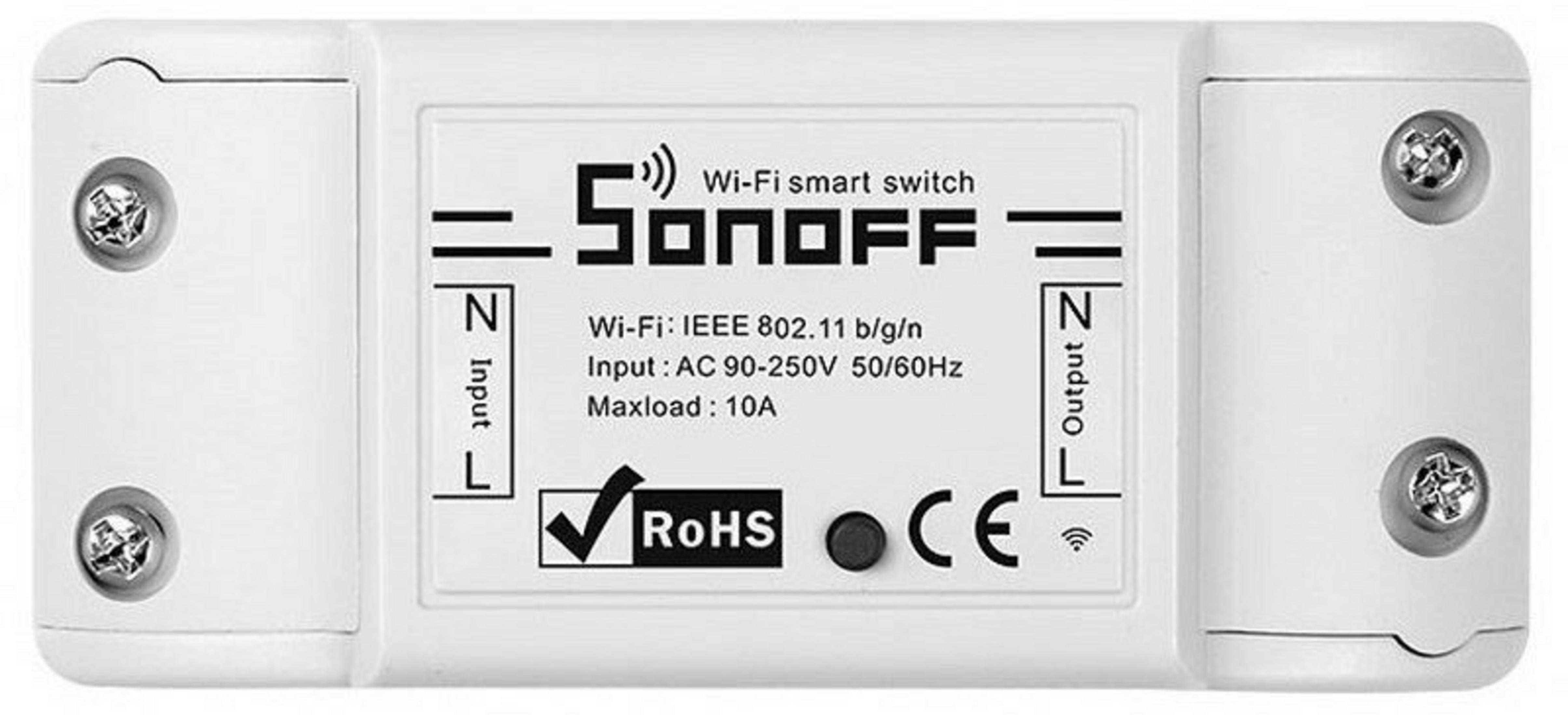 Interruttore smart Sonoff Wi-Fi bianco con etichette input/output, marchi RoHS e CE.
