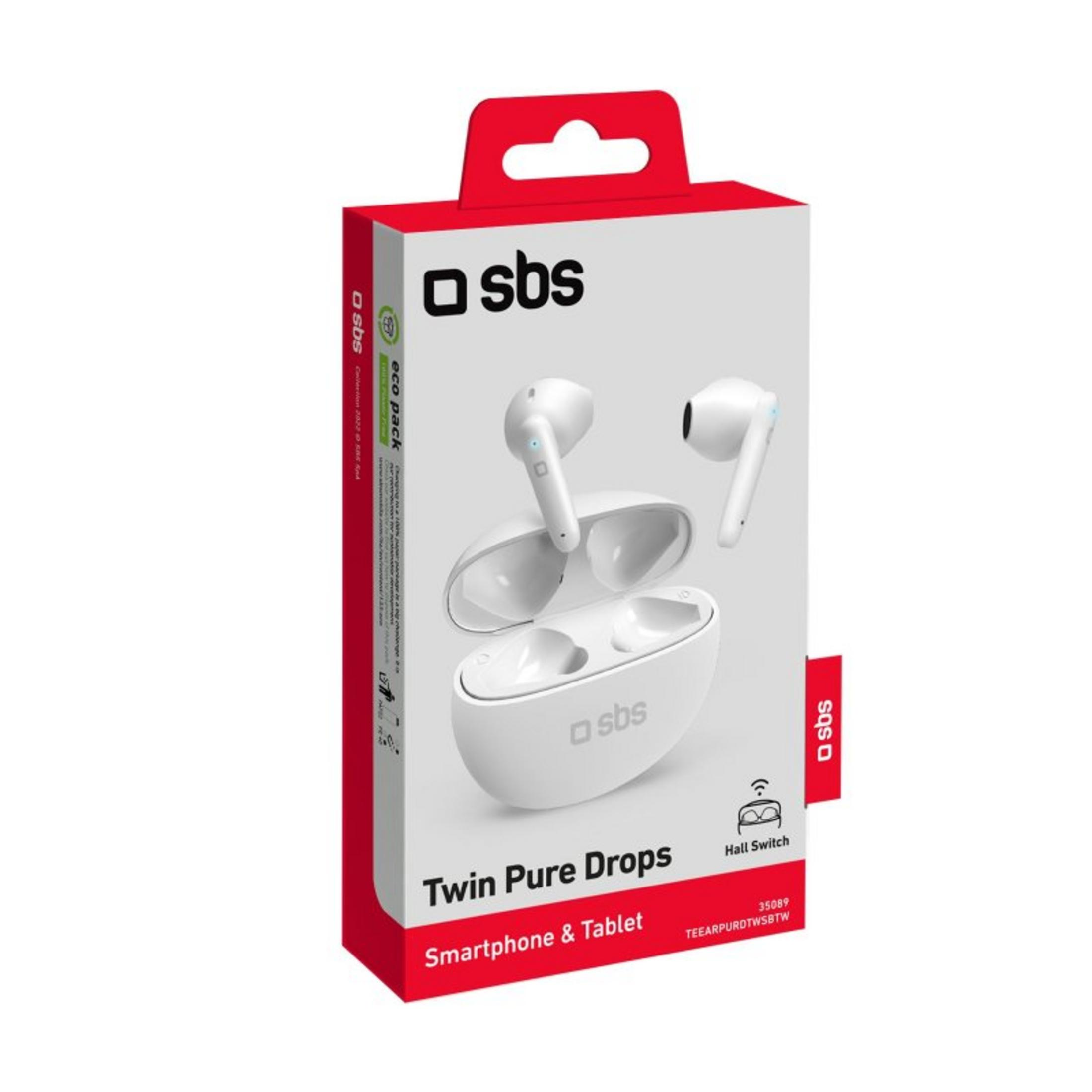 Auricolari bianchi SBS Twin Pure Drops e custodia di ricarica su scatola rossa e bianca.