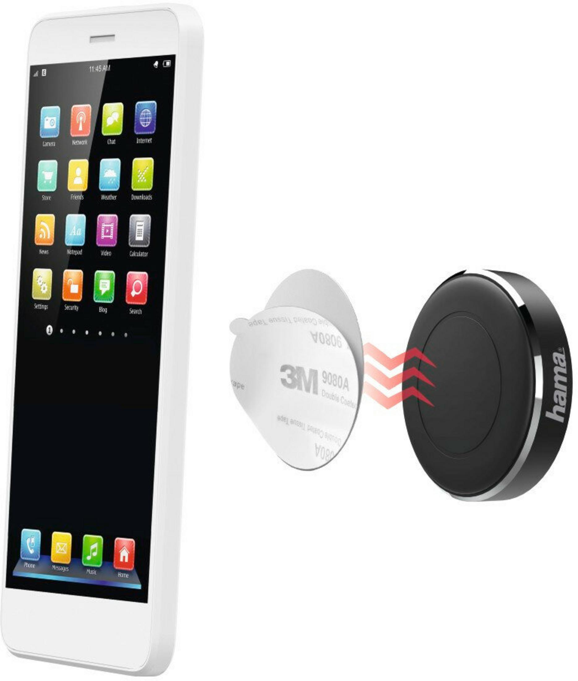 Biały smartfon obok czarnego magnetycznego uchwytu samochodowego Hama z taśmą klejącą 3M.