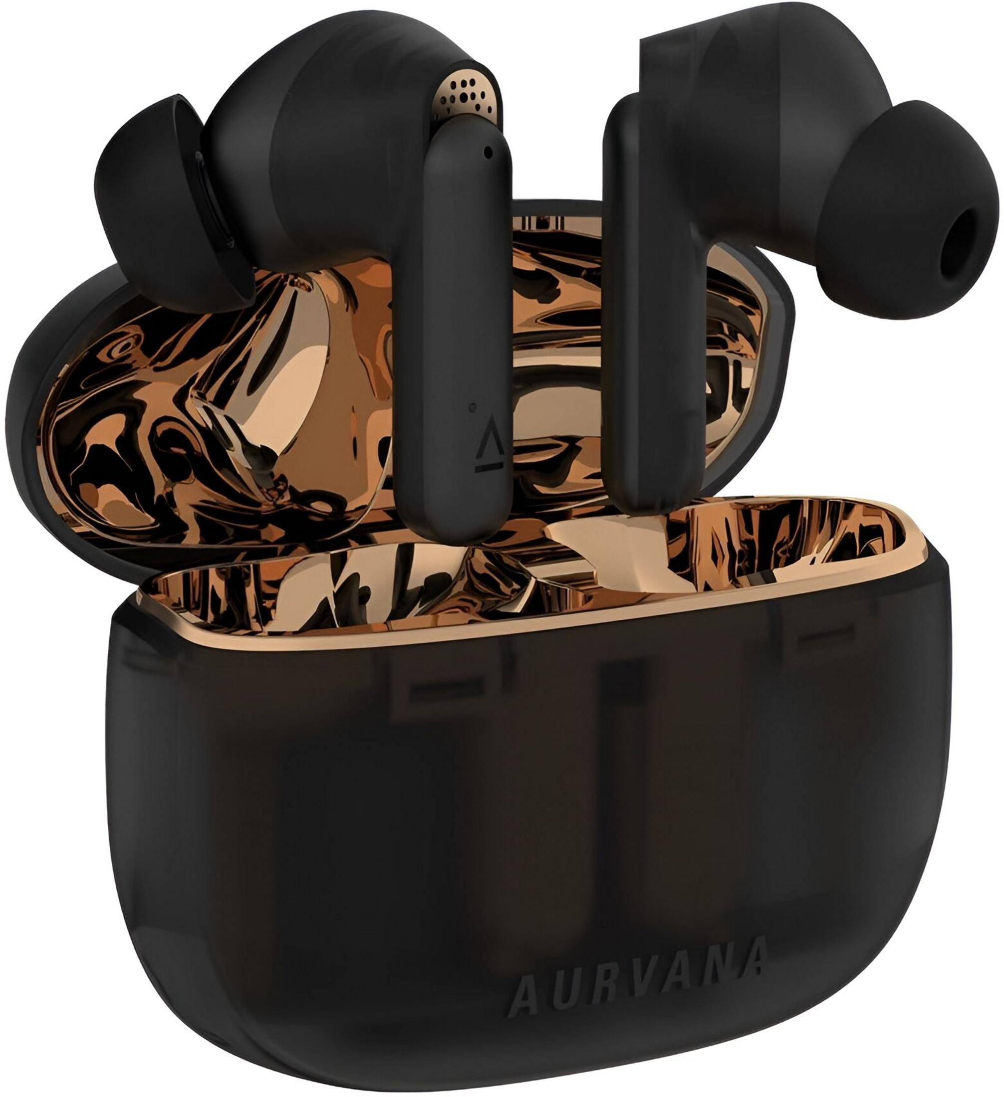 Auricolari wireless neri con interno color rame lucido nella loro custodia di ricarica.
