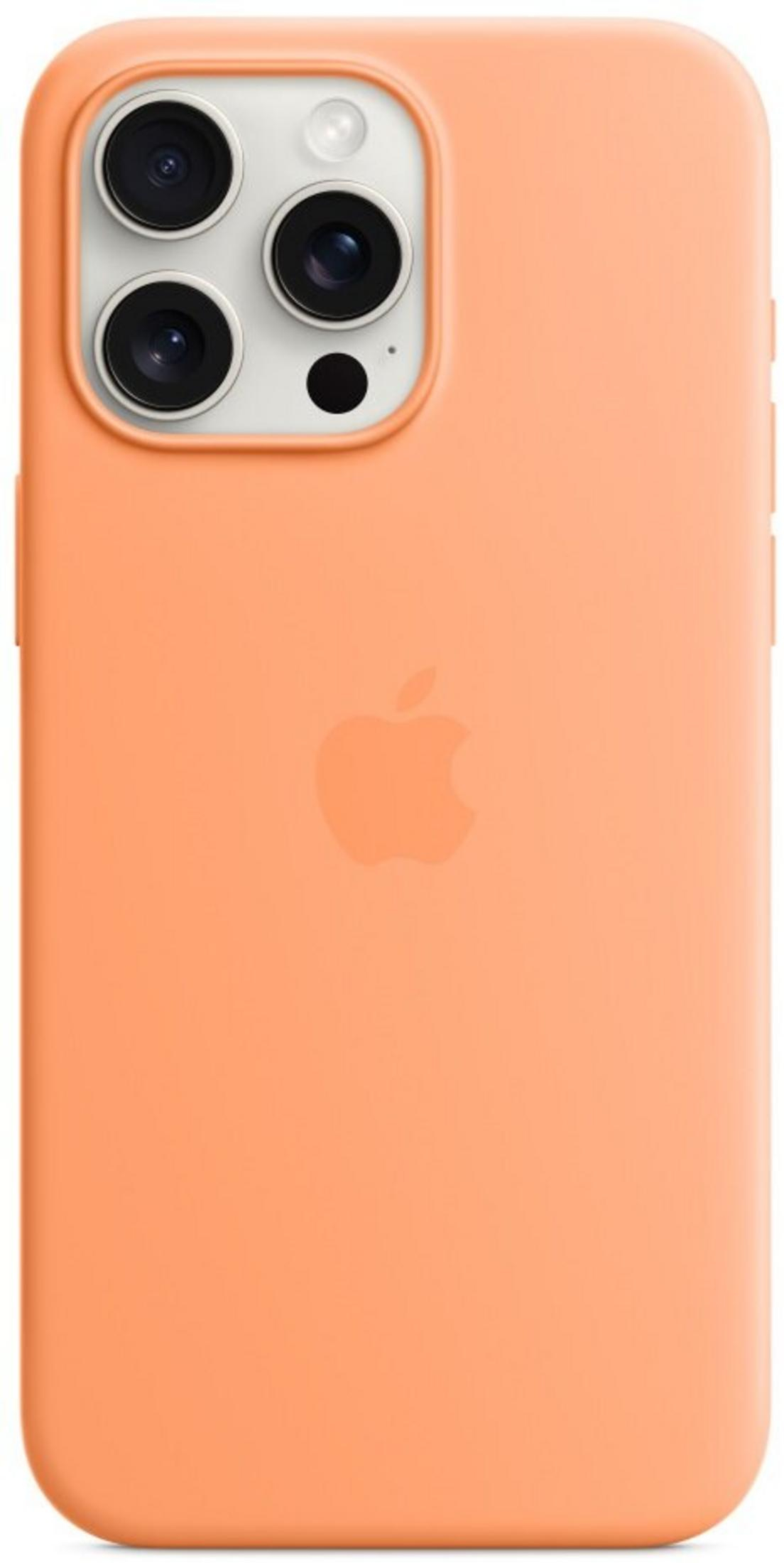 A peach-colored iPhone with three cameras and an Apple logo.