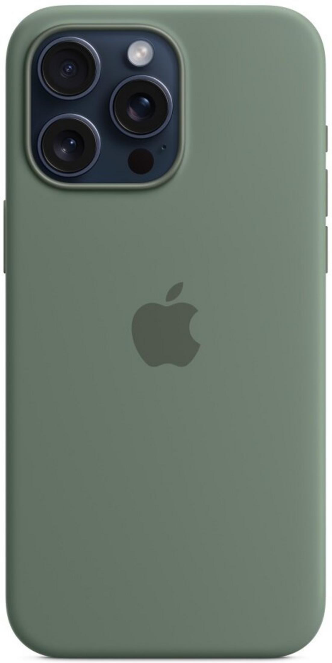 Green phone case with Apple logo and triple camera.