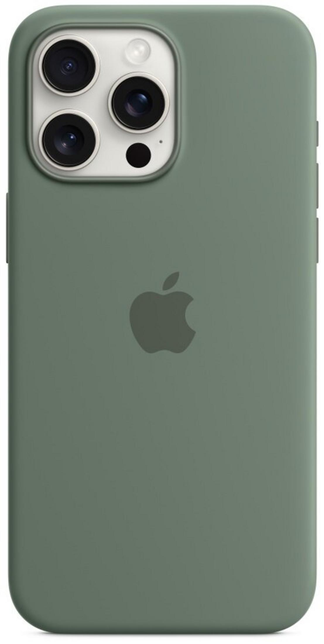 A green iPhone case with a triple camera setup and Apple logo.