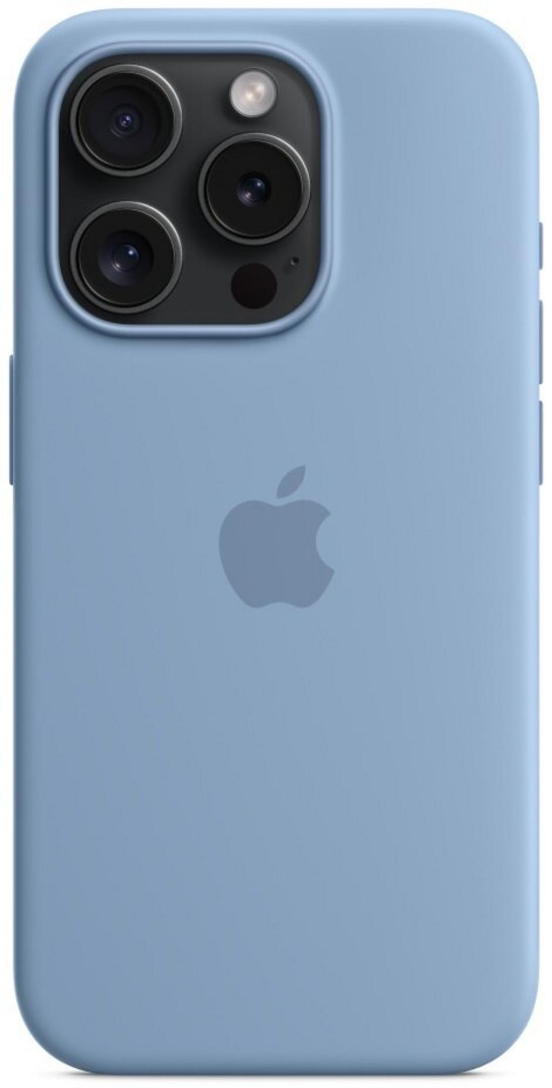 Een blauwe iPhone 15 Pro met een drievoudig camerasysteem en Apple-logo.