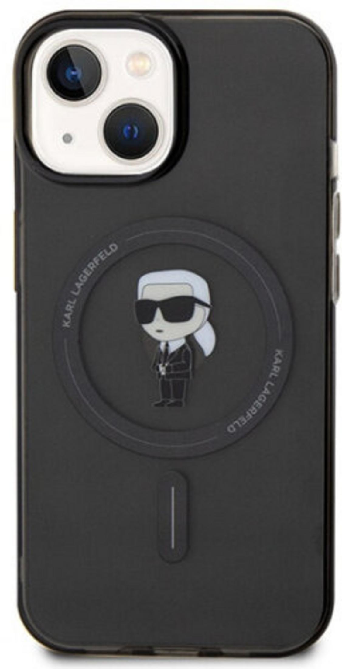 Czarne etui na iPhone z postacią z kreskówki Karla Lagerfelda i tekstem.