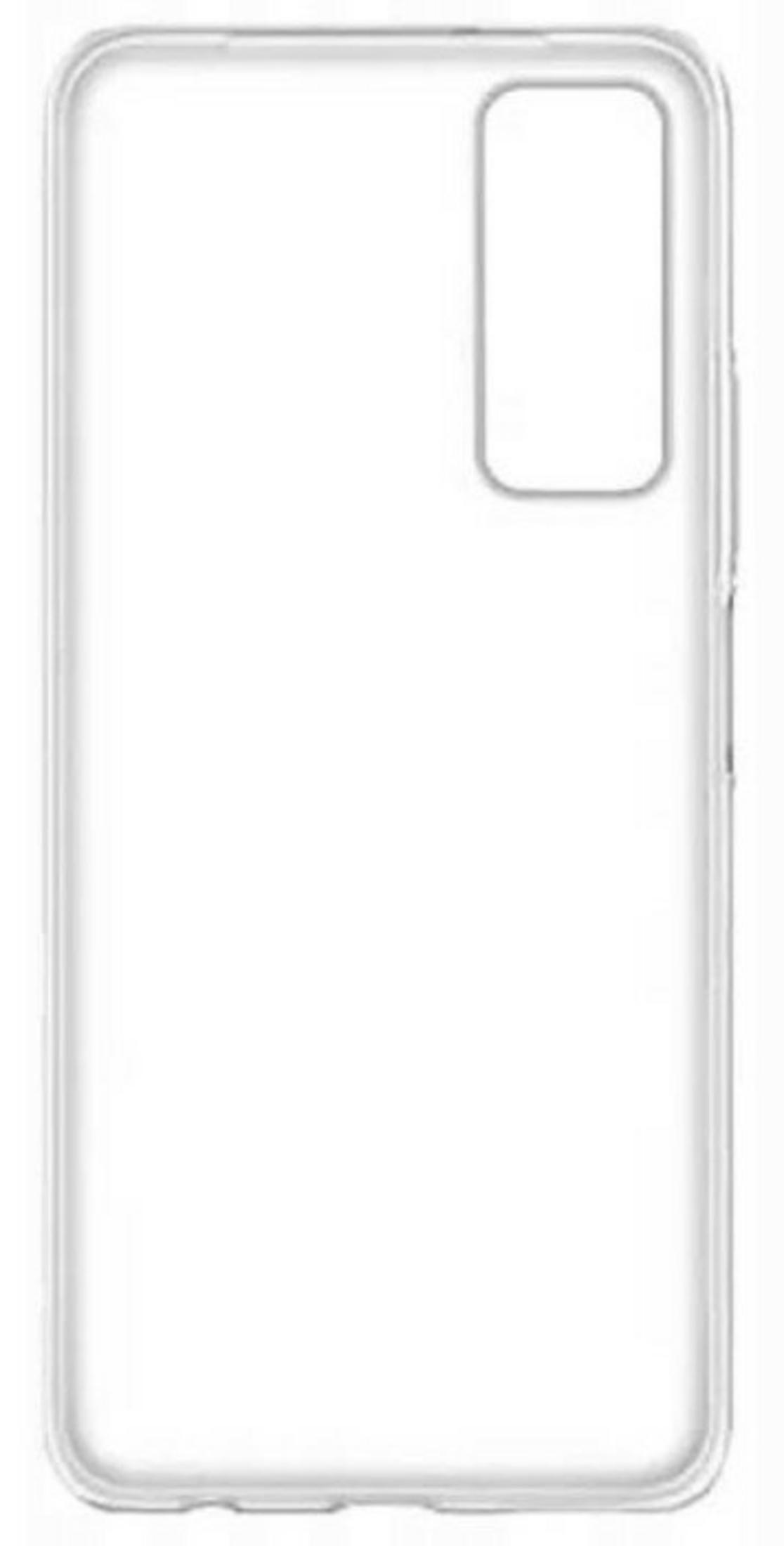 Przezroczyste etui na telefon z prostokątnym wycięciem na aparat w prawym górnym rogu.