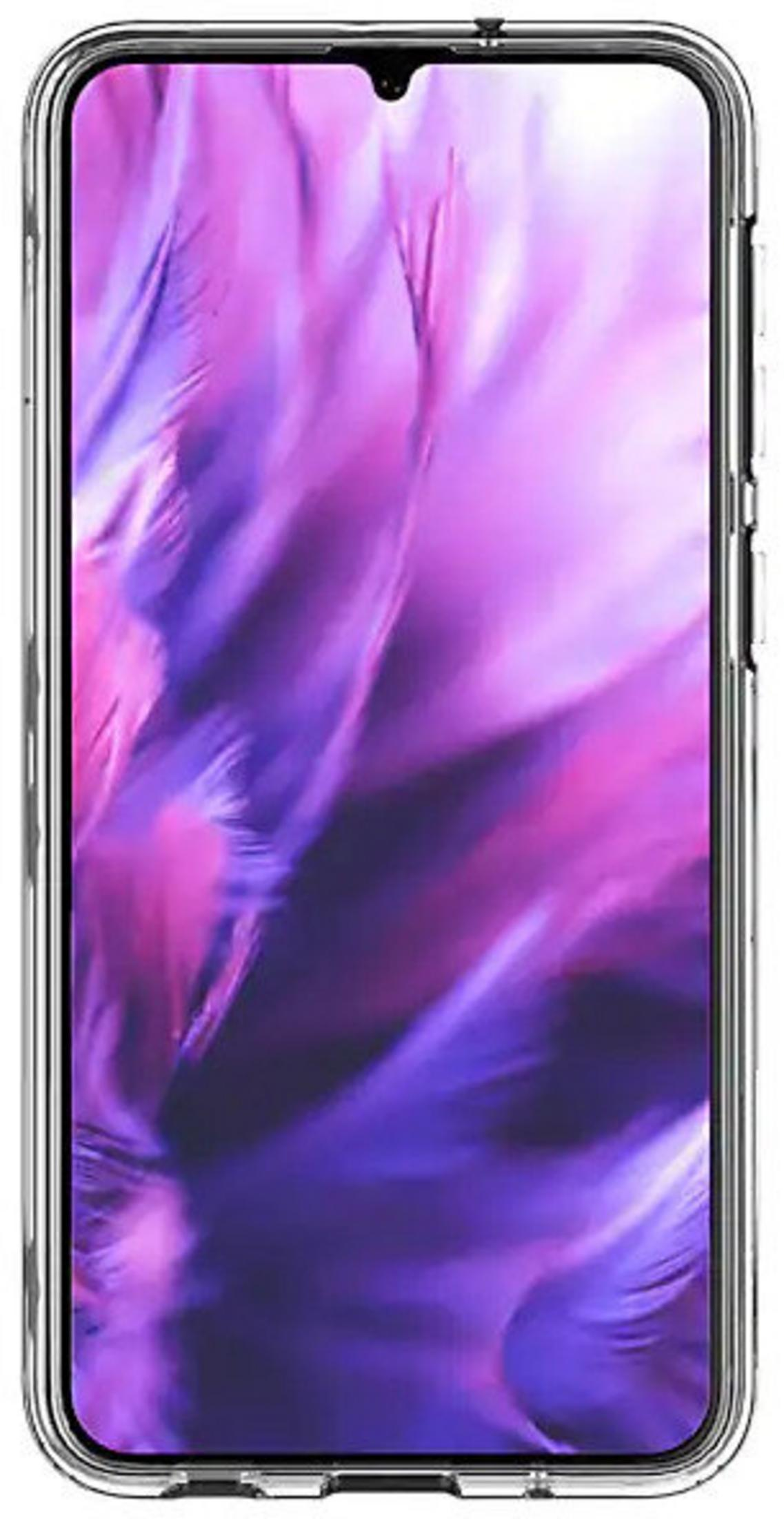 Eine durchsichtige Handyhülle zeigt einen abstrakten, federartigen Hintergrund in Lila und Pink.