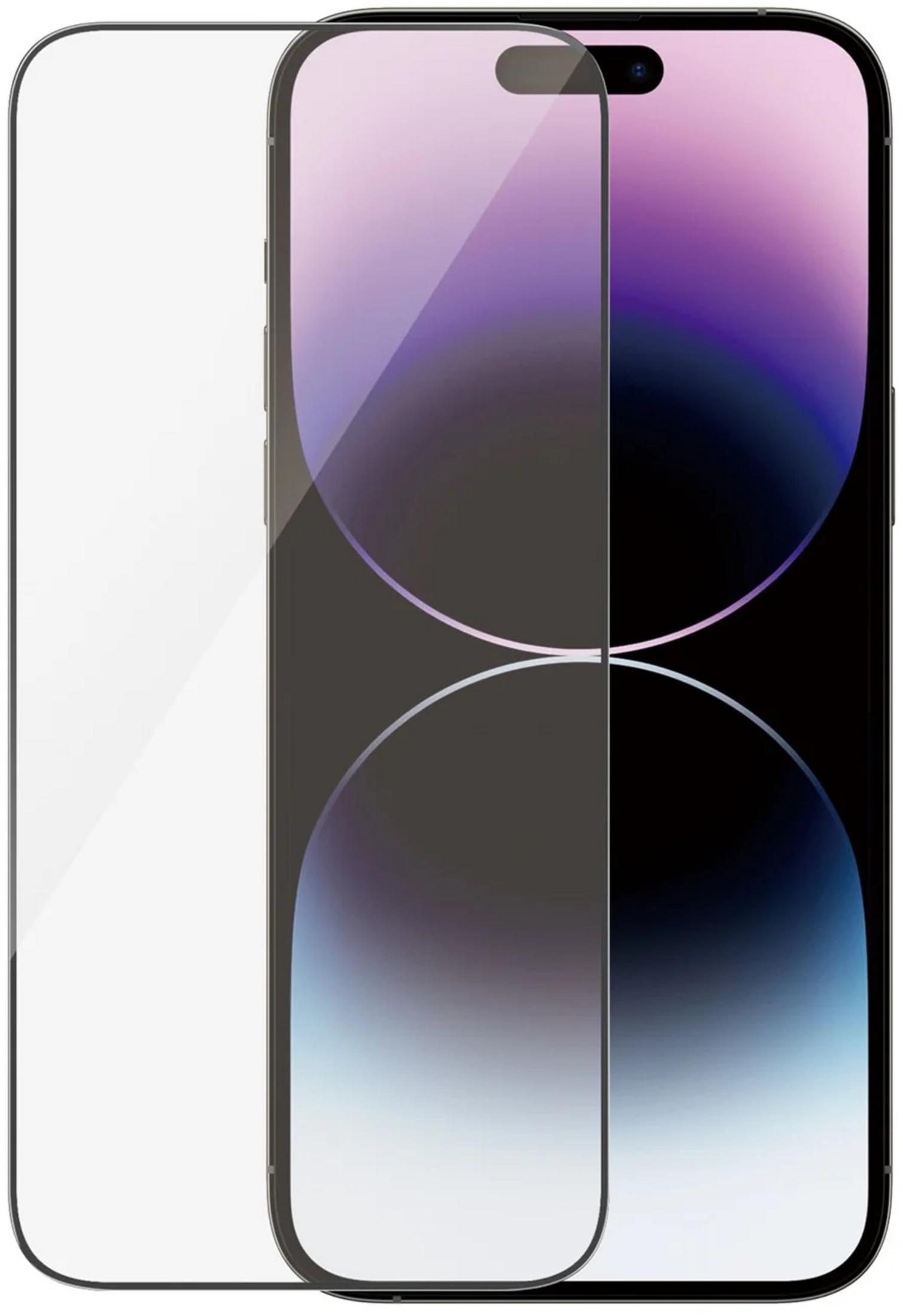 Una protezione per lo schermo è posizionata su uno smartphone che mostra uno sfondo sfumato viola e nero.