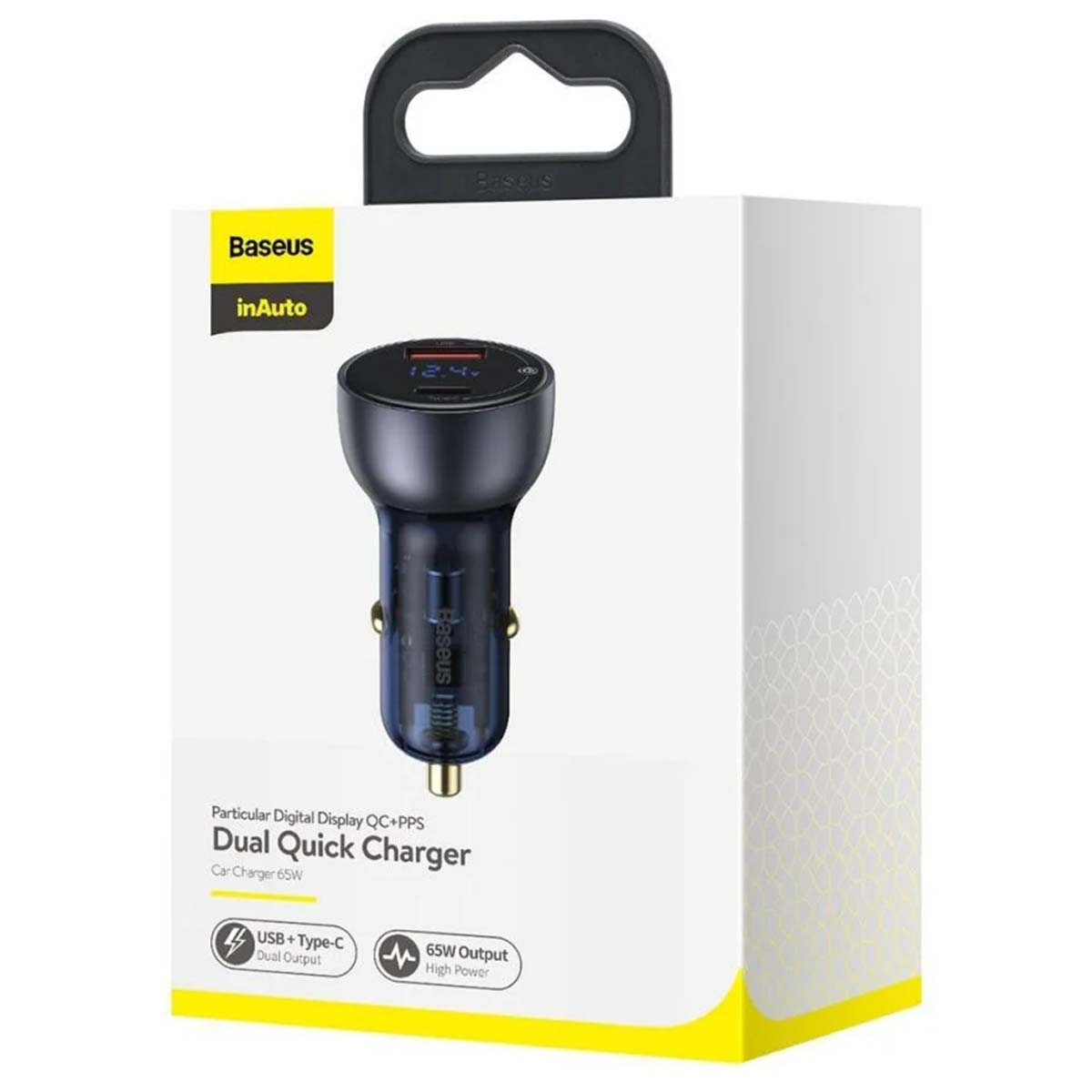Caricatore rapido doppio Baseus per auto con USB+Type-C, uscita 65W, display digitale.