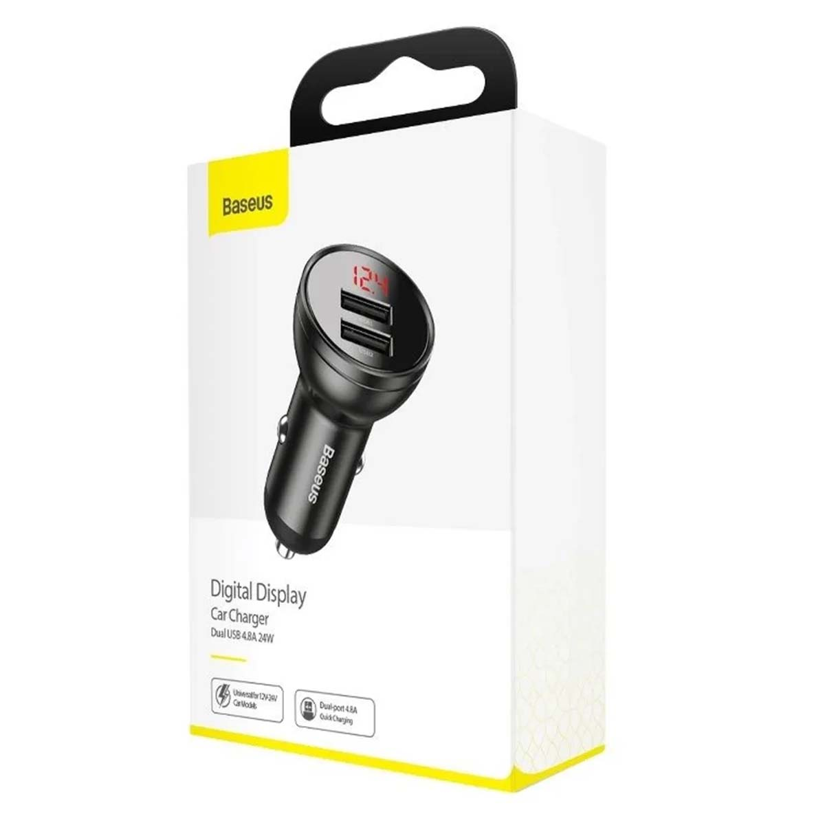 Ładowarka samochodowa Baseus z cyfrowym wyświetlaczem, dwa porty USB, 4,8 A i 24 W.