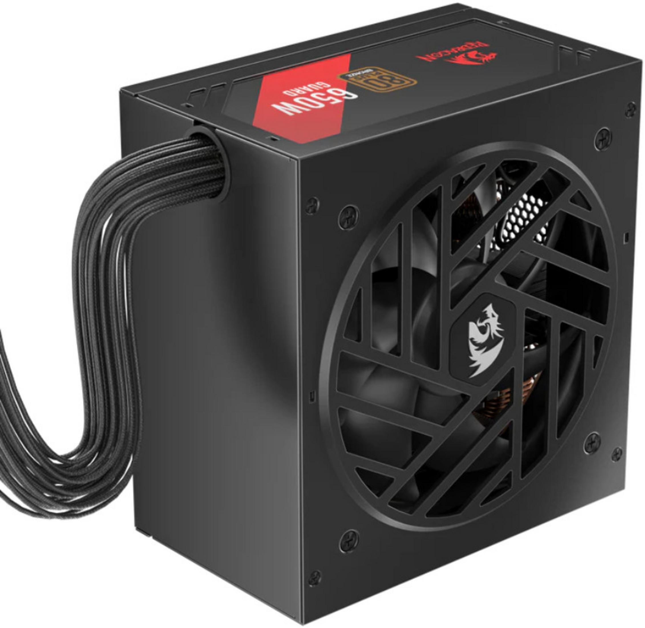 Alimentatore nero da 650W con griglia ventola e logo drago.