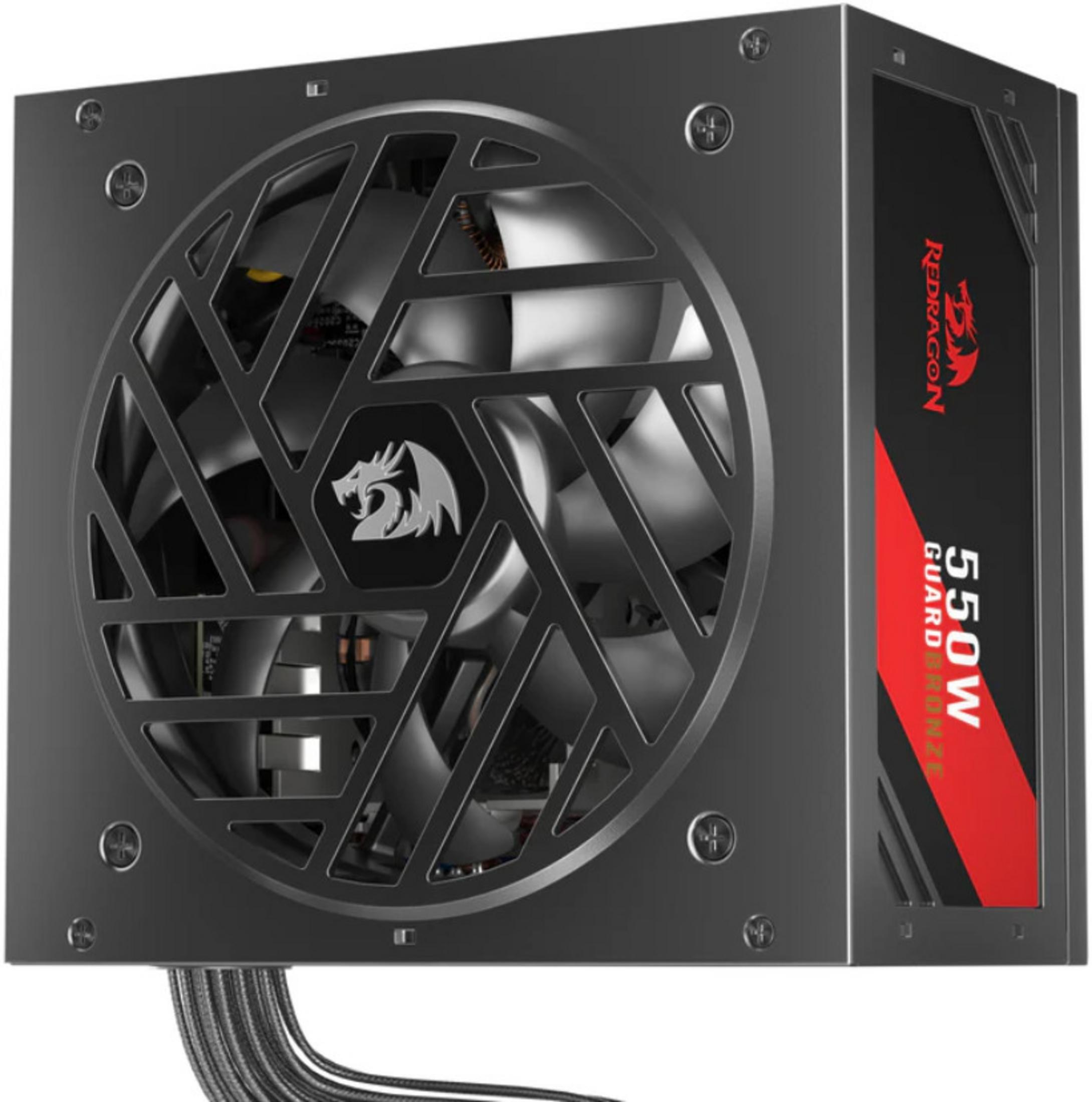 Un alimentatore Redragon 550W nero con griglia della ventola e cavi.