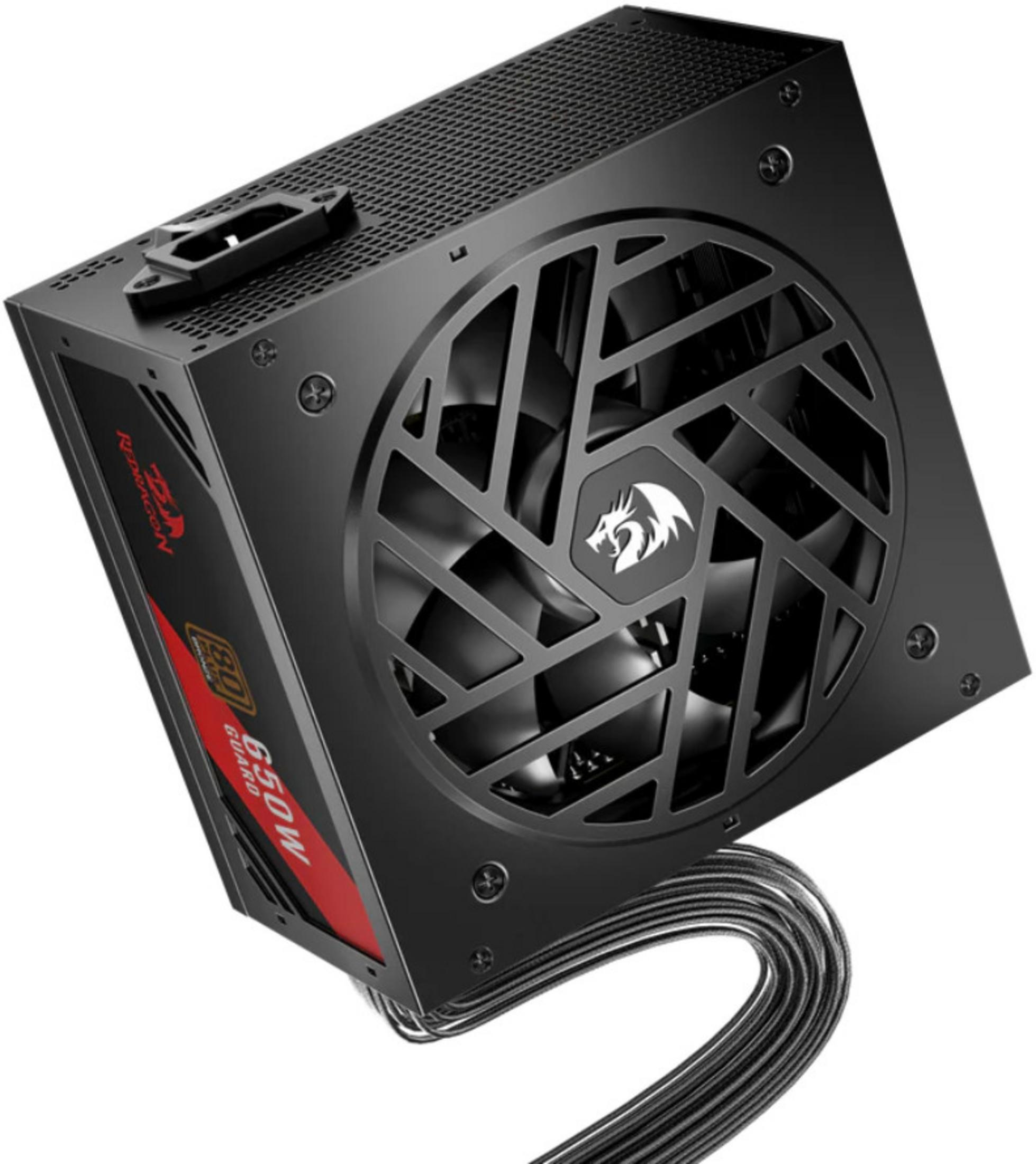 Alimentatore per computer nero con griglia ventola e logo Redragon. 650W.