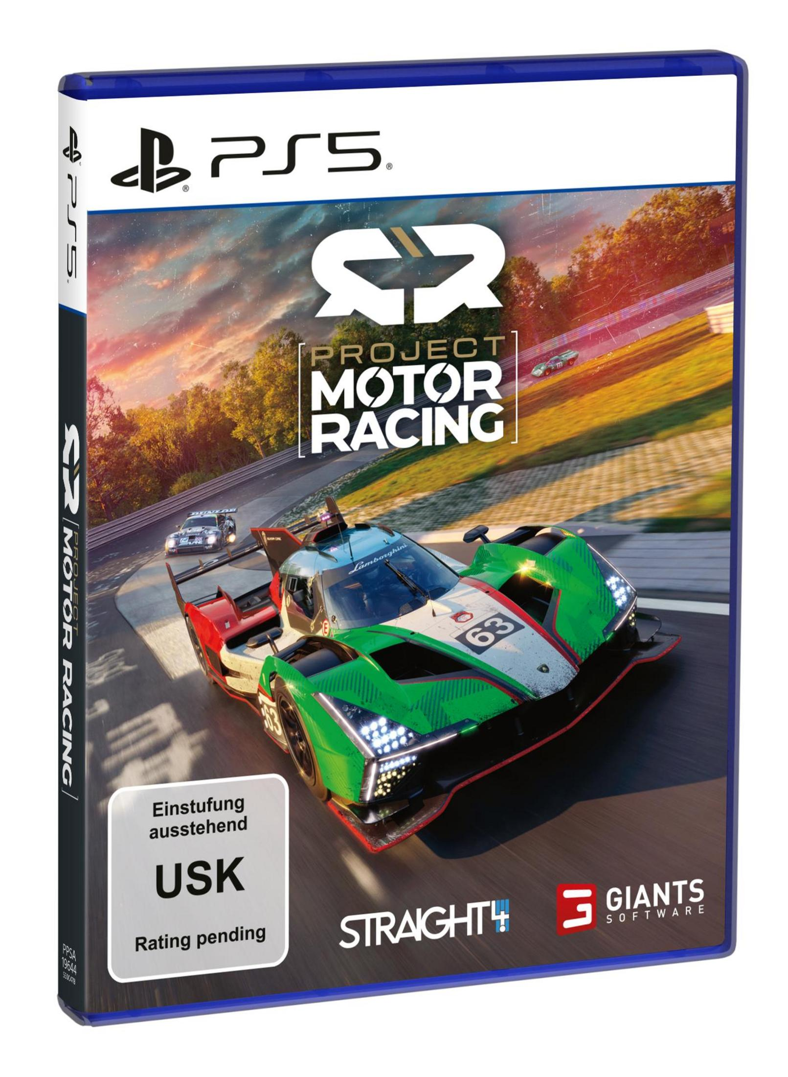 Custodia gioco PS5: Auto da corsa su pista, logo "Project Motor Racing".